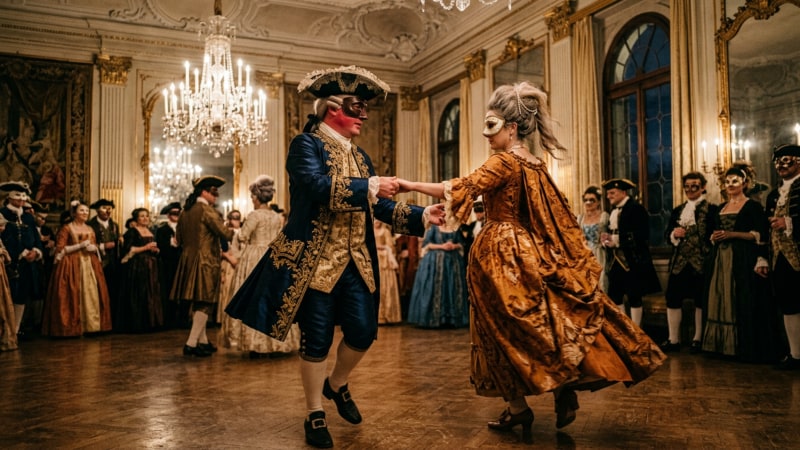 Hinter der Maske sind alle tanzenden Gäste gleich: Das Spiel mit der Anonymität prägt die einzigartige Atmosphäre auf dem venezianischen Parkett.