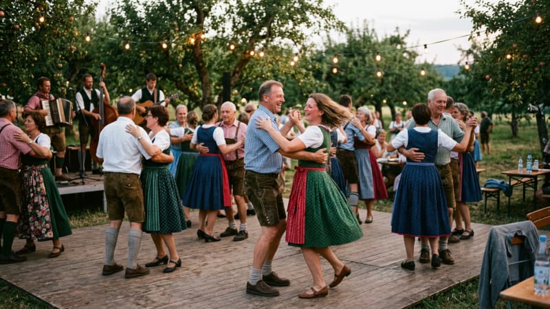 Unter freiem Himmel und bei warmer Beleuchtung tanzt es sich am schönsten: Der gemeinsame Takt verbindet Generationen auf traditionellen Tanzabenden.