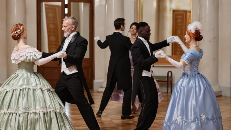 Paare tanzen Walzer in einem Palastballsaal