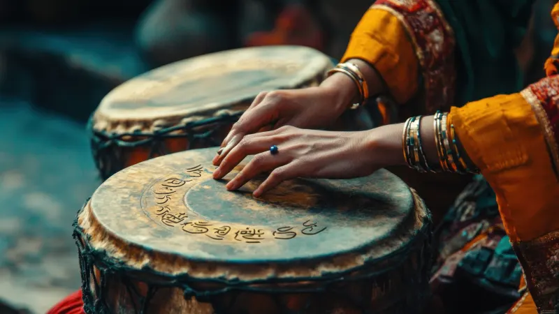 Foto jarak dekat tangan seorang wanita saat memainkan drum tradisional