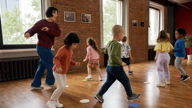 Freier Platz zwischen den Kindern lässt kleine Unsicherheiten zu, ohne dass daraus gegenseitiges Ziehen entsteht.