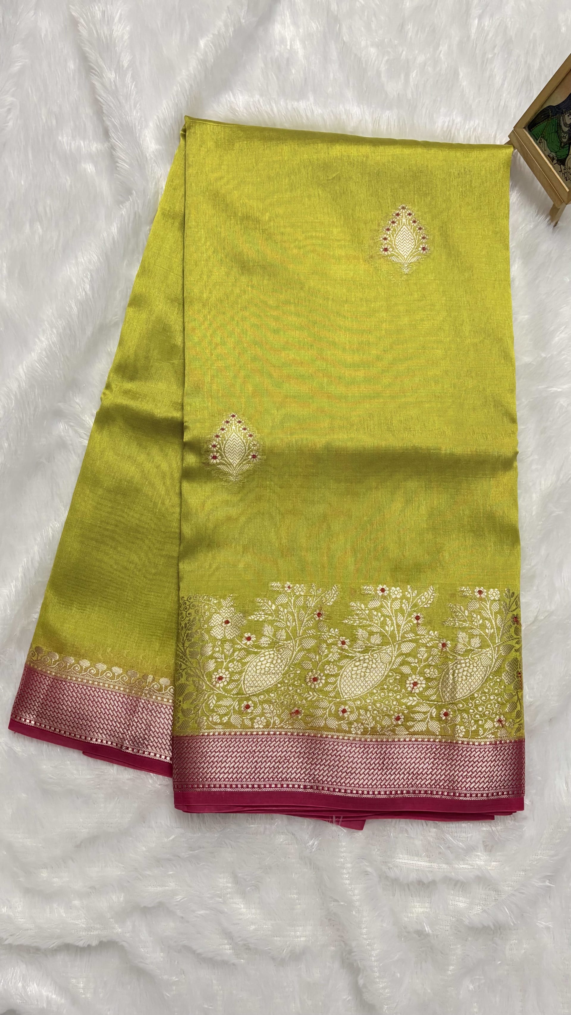 Pure Chiniya Silk Saree with Meenakari Weaving - Olive Green — Green Banarasi Silk saree