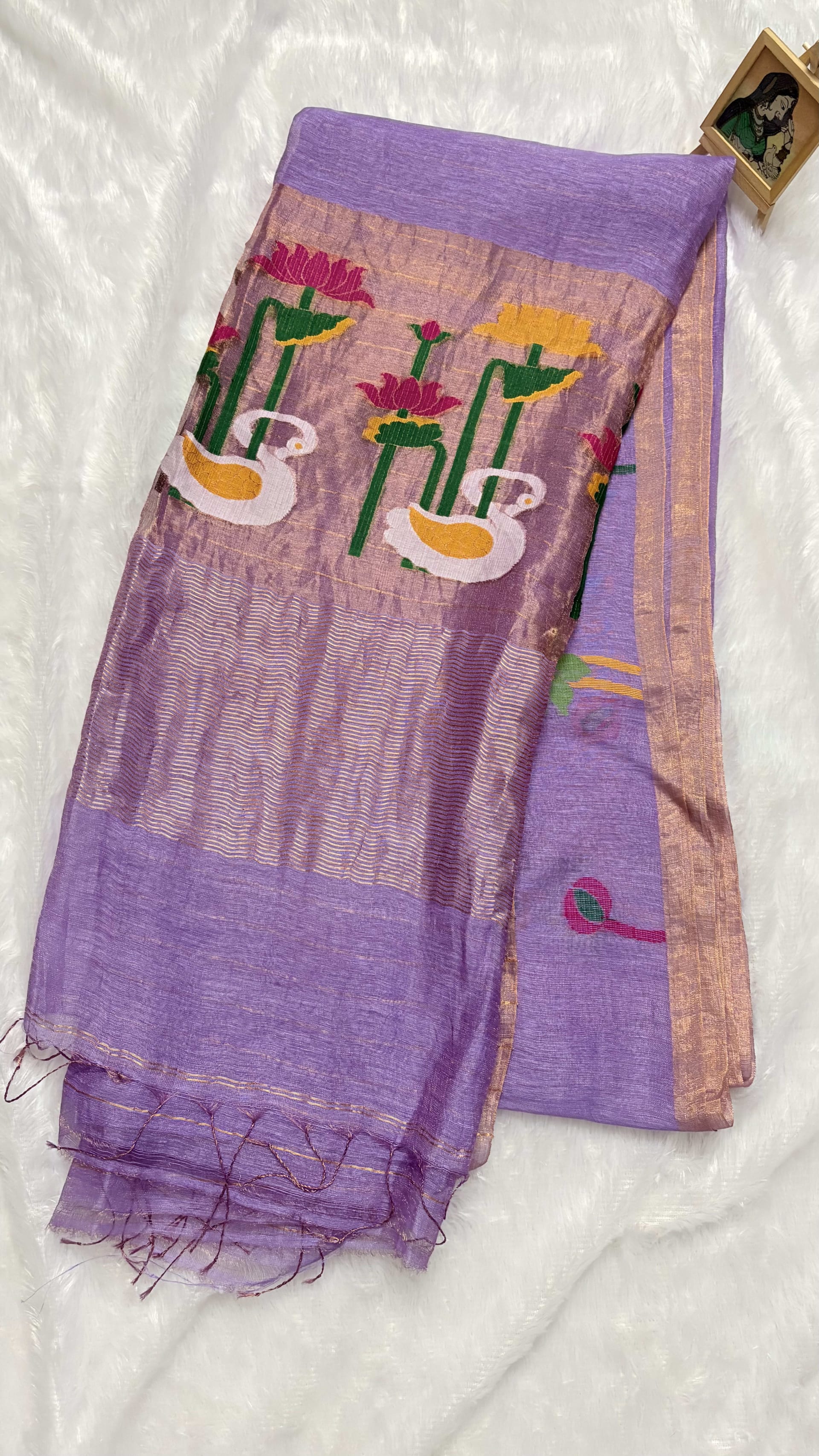 Pure Silk Linen saree with Jamdani Pallu - Lavender — Purple/Lavender Chanderi Linen saree