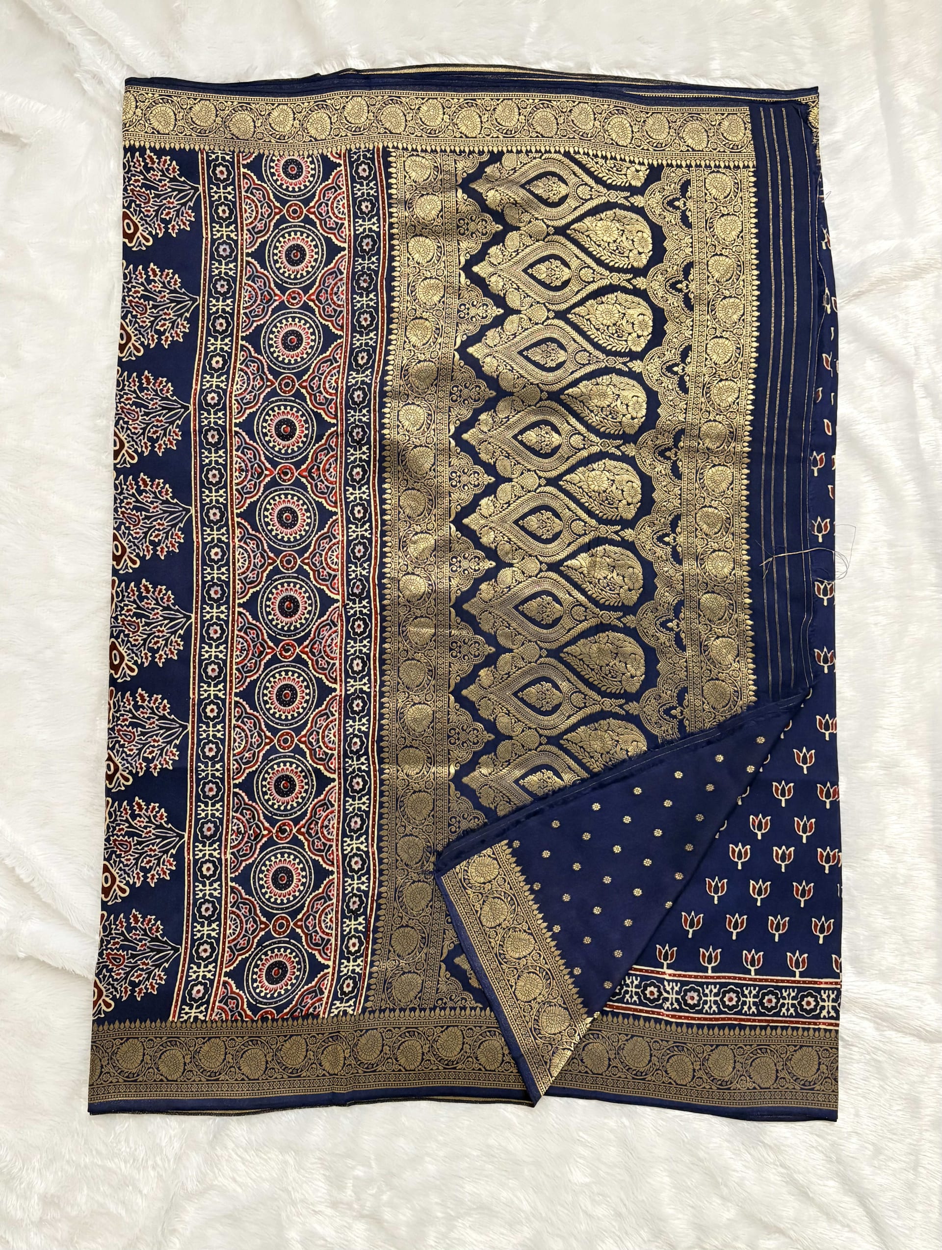 Pure Ajrakh Dola silk saree - Lotus motifs Blue — Blue Ajrakh Dola saree