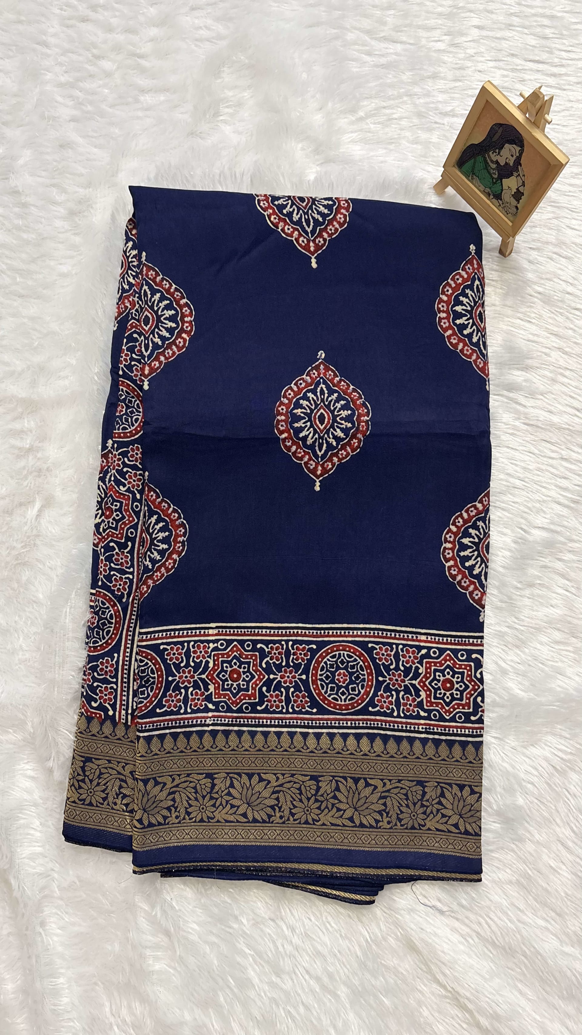 Pure Ajrakh Dola silk saree - Big badam motif Blue — Blue Ajrakh Dola saree