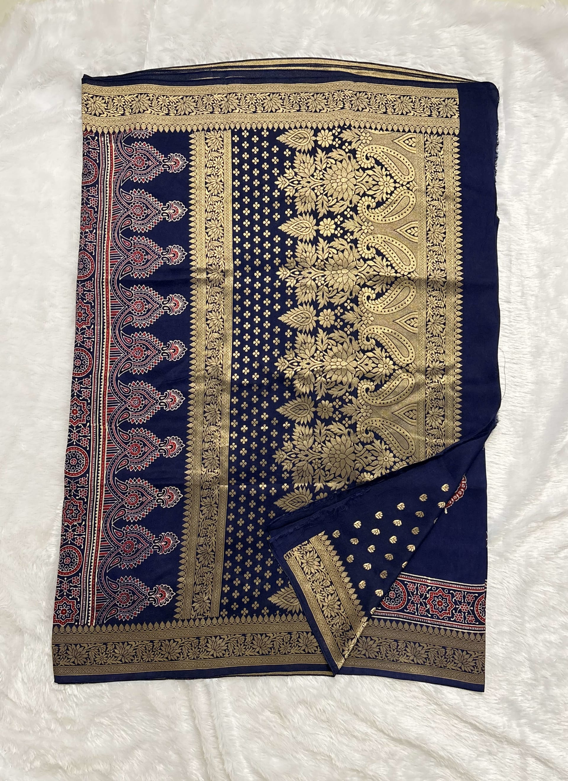 Pure Ajrakh Dola silk saree - Big badam motif Blue — Blue Ajrakh Dola saree