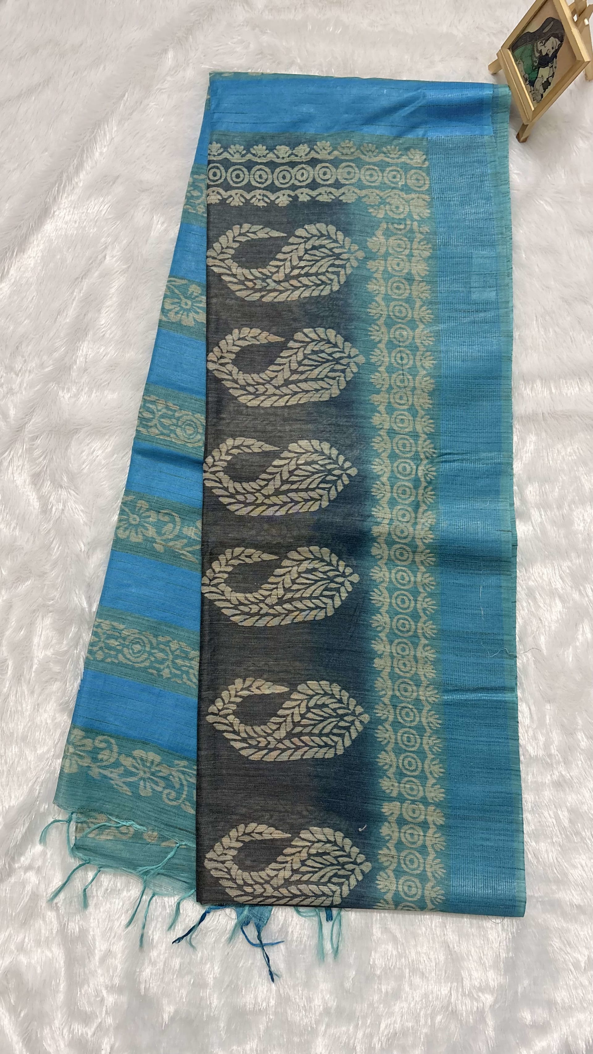 Semi tussar saree with block prints Grey and Blue — Black/Grey Chanderi Tussar saree