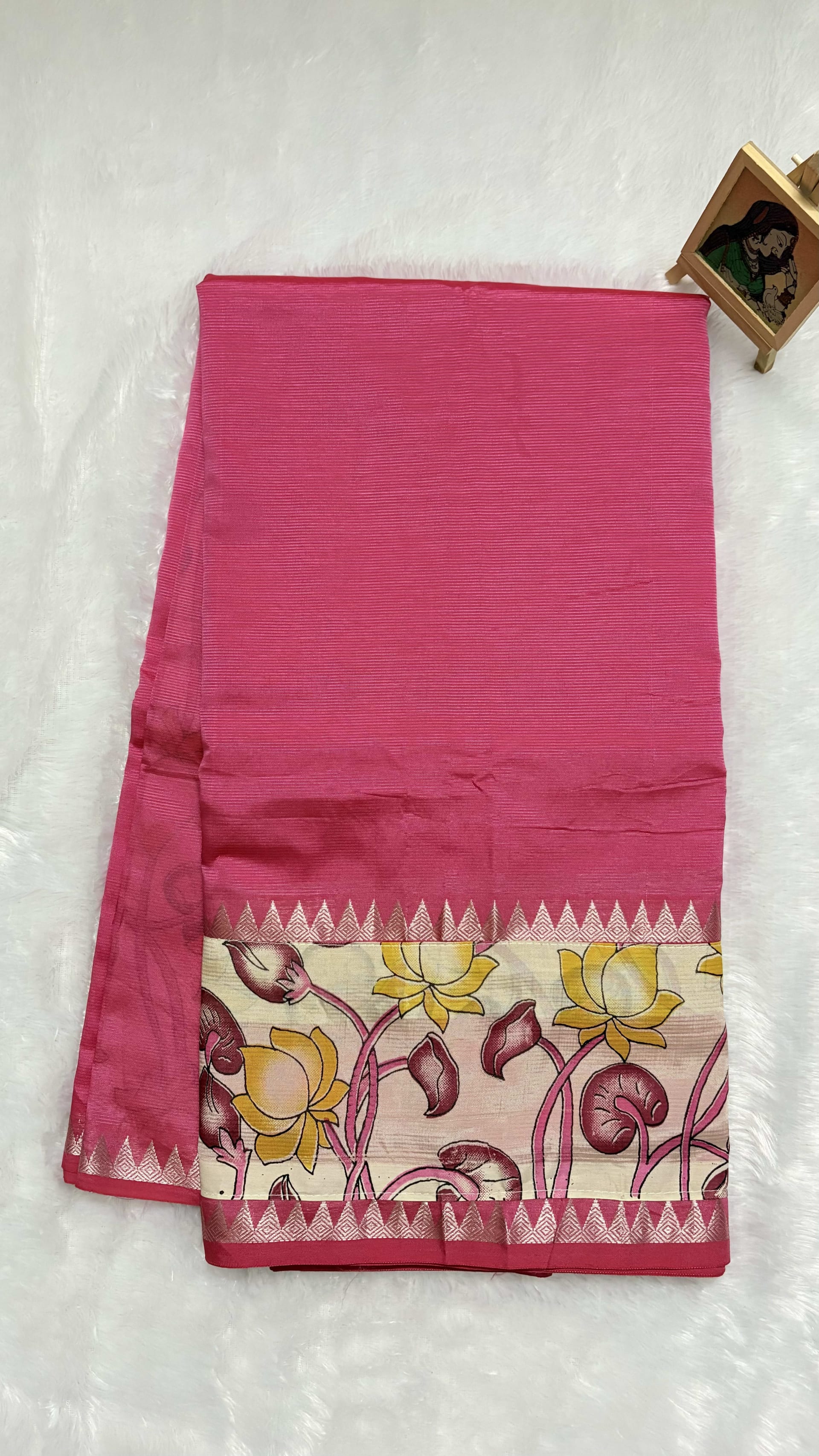 Mangalagiri Pattu Sarees with gap border Kalamkari Baby Pink — Pink/Peach Mangalagiri Cotton Silk saree