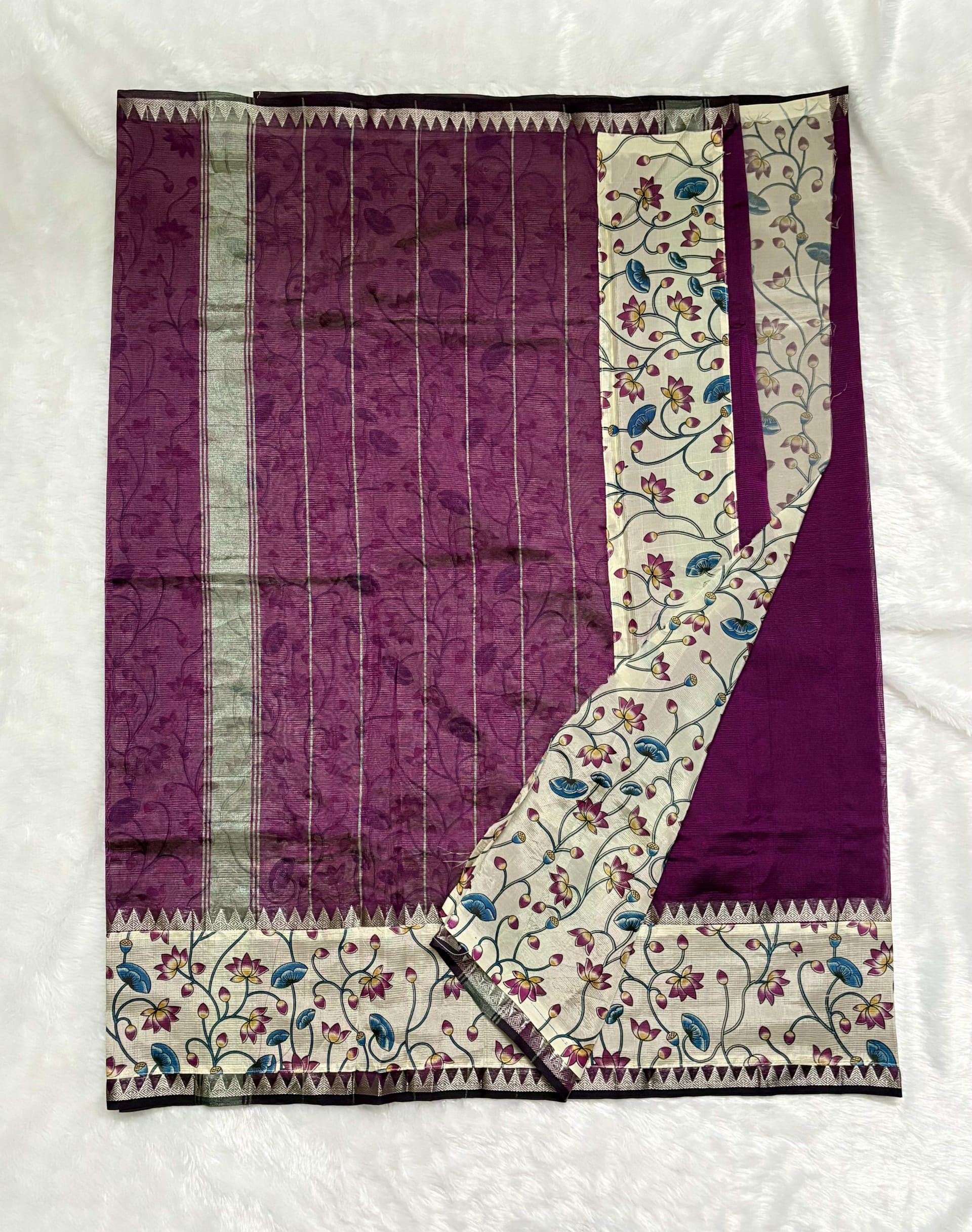 Mangalagiri Pattu Sarees with gap border Kalamkari Wine — Wine/Magenta Mangalagiri Cotton Silk saree