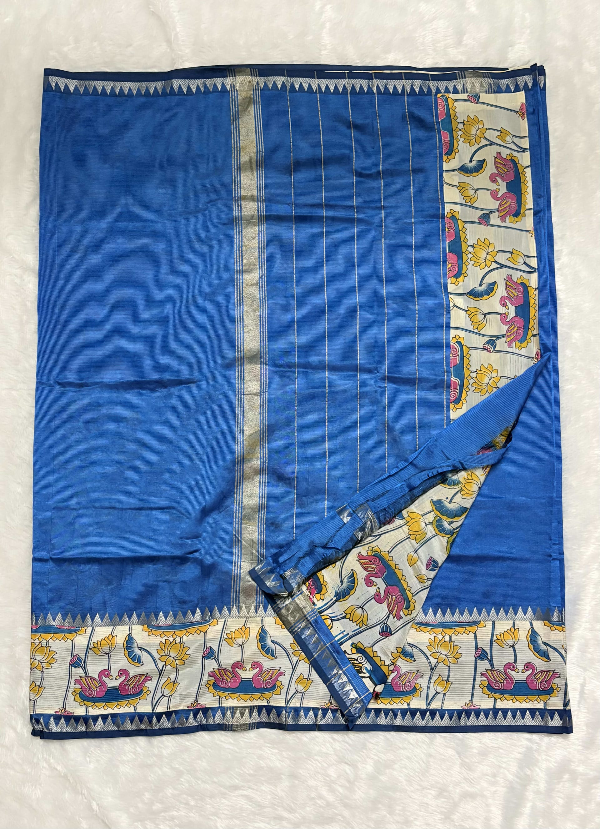 Mangalagiri Pattu Sarees with gap border Kalamkari Blue — Blue Mangalagiri Cotton Silk saree
