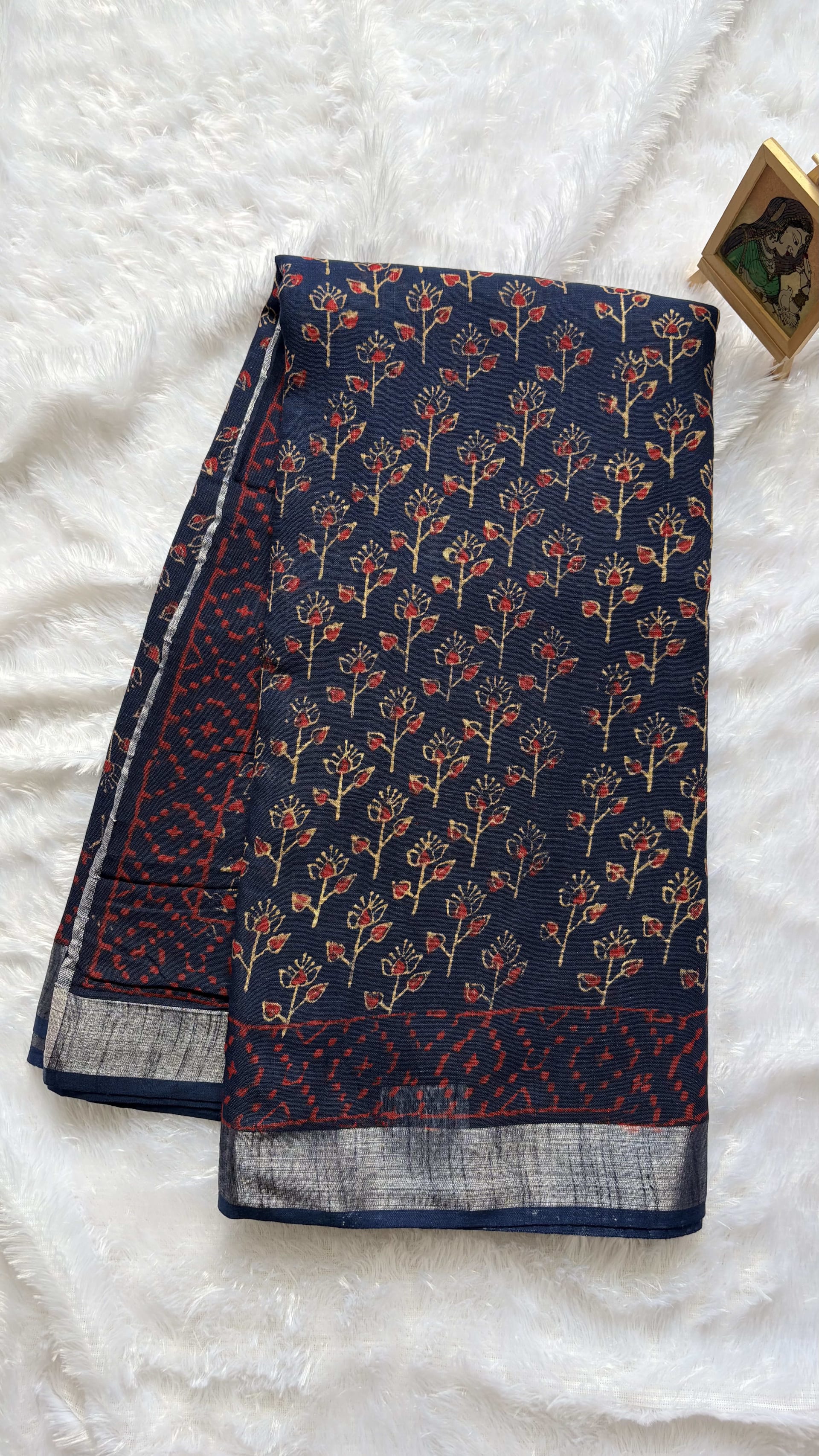 Linen Cotton saree with block prints Navy Blue — Blue Chanderi Linen saree