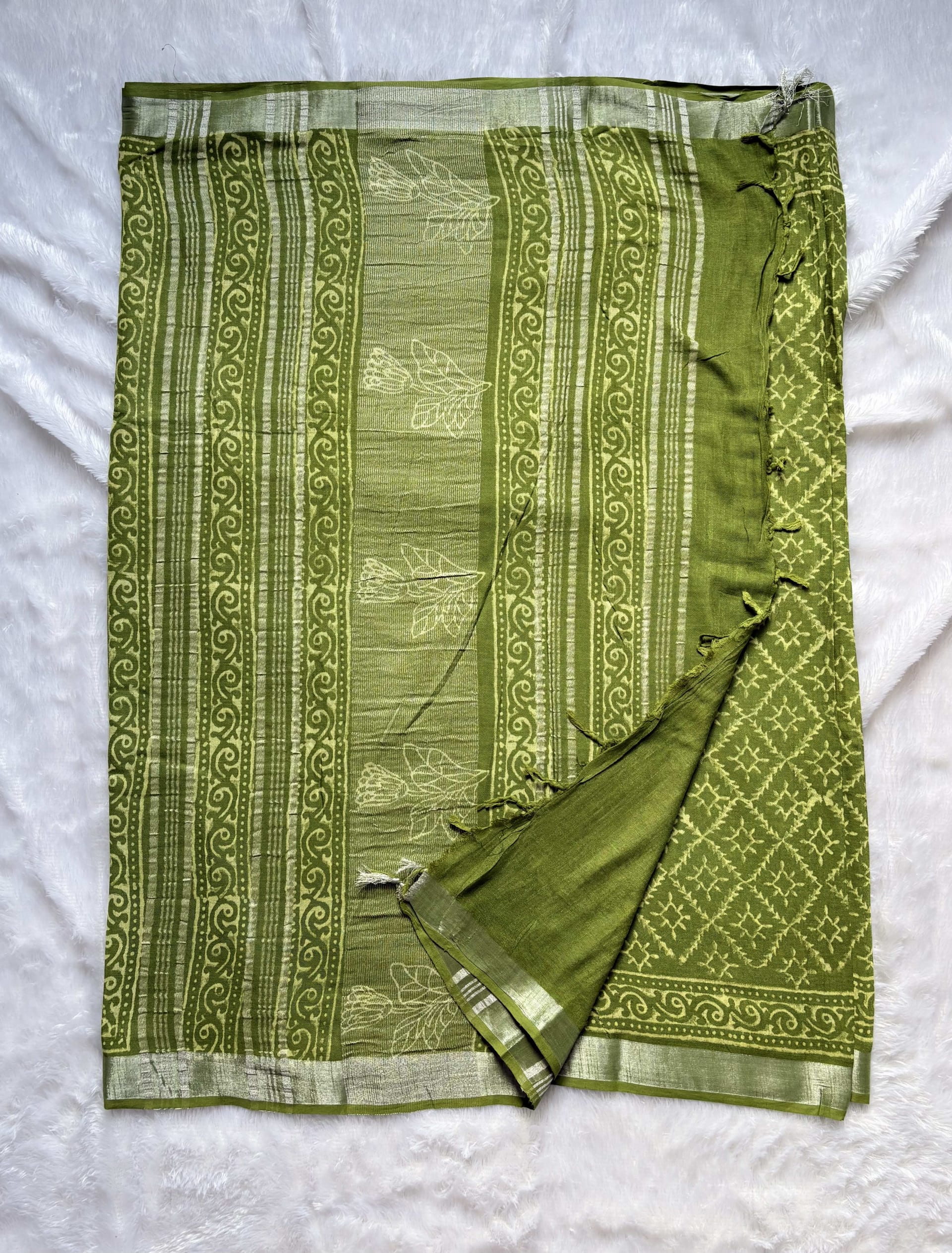 Linen Cotton saree with block prints Parrot green — Green Chanderi Linen saree