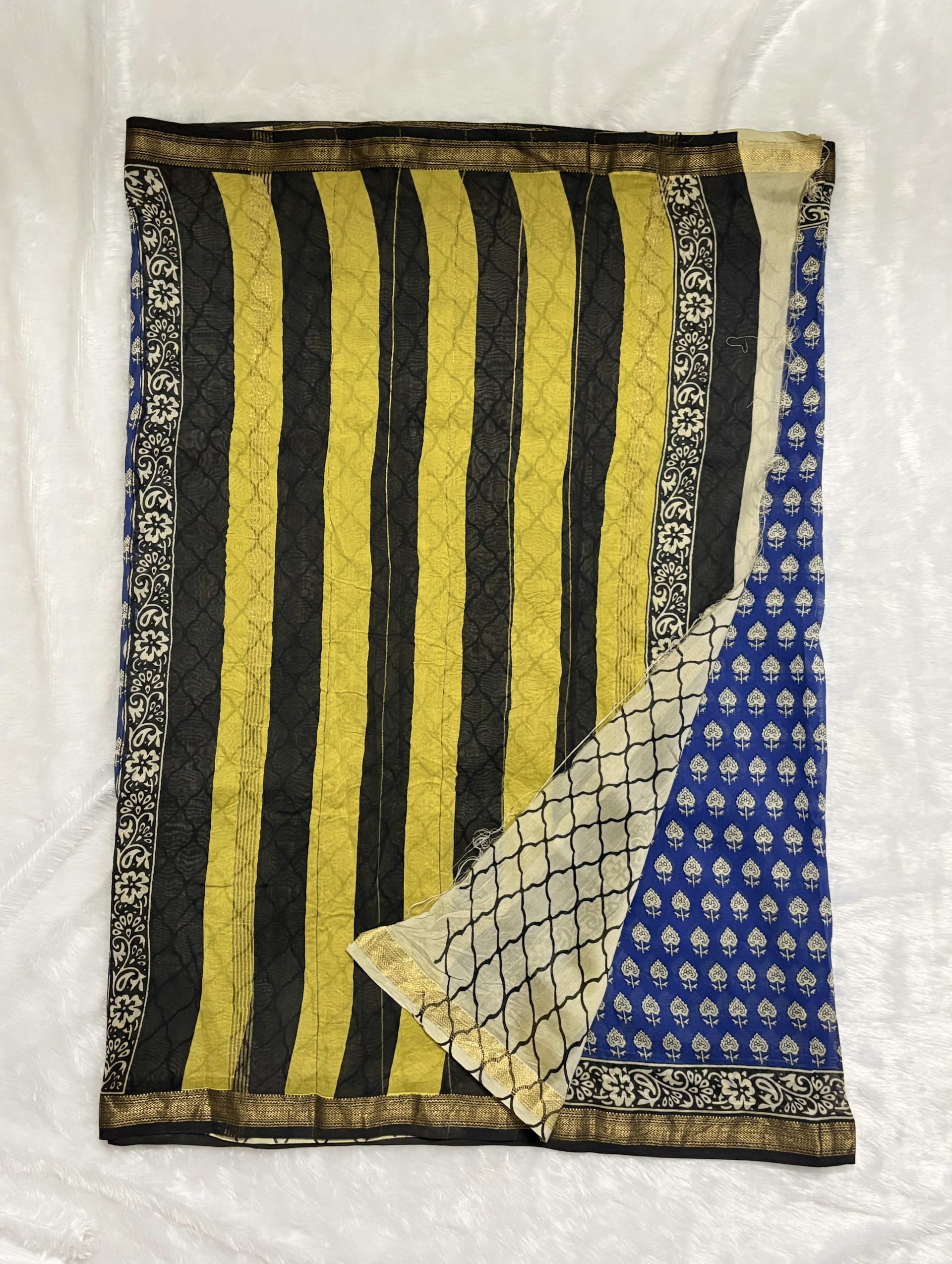 Pure Maheshwari cotton silk saree with block prints Blue motifs — Blue Maheshwari Cotton Silk saree