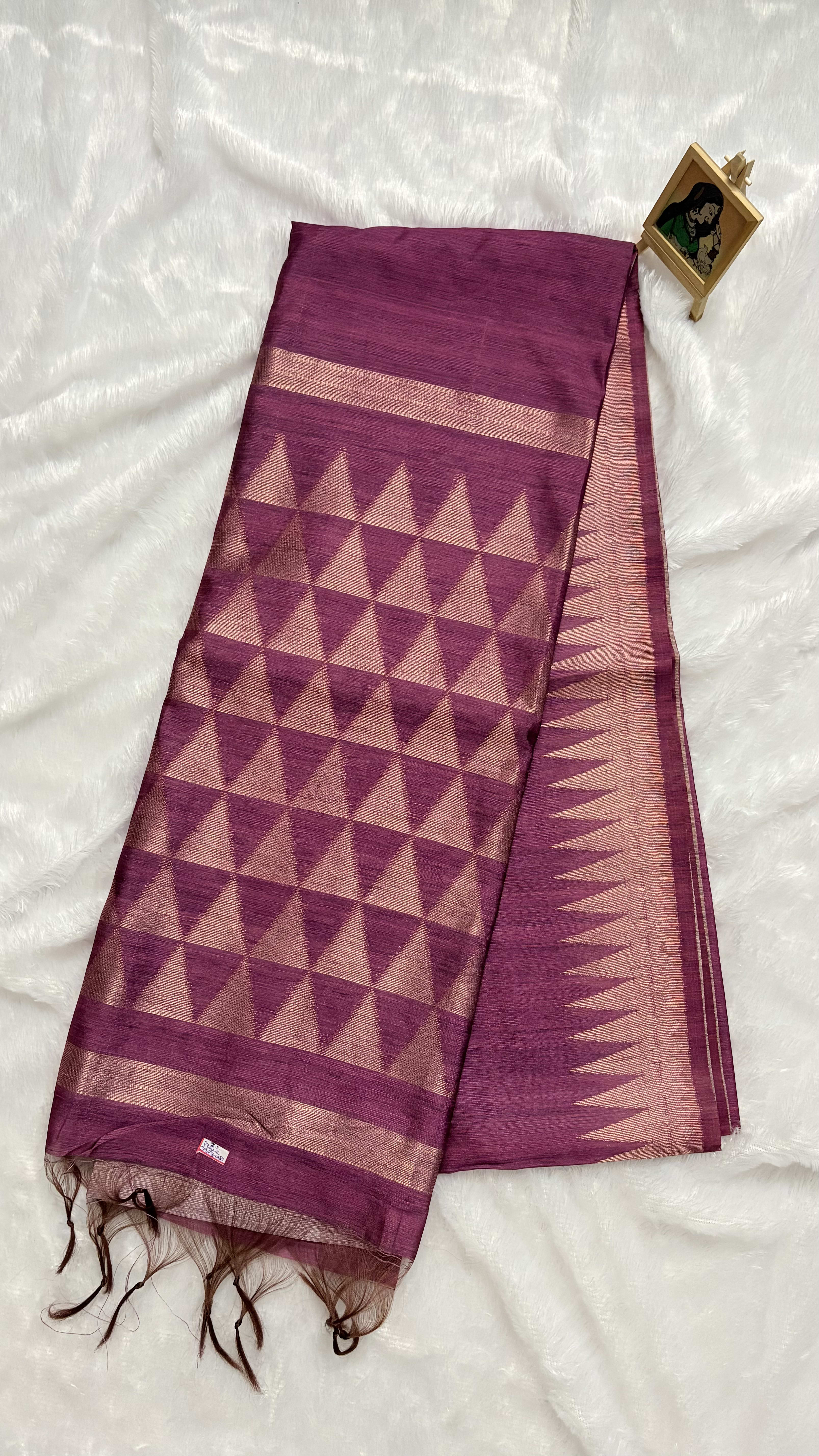 Soft Tussar Sarees with Temple border - Pink — Pink/Peach Chanderi Tussar saree