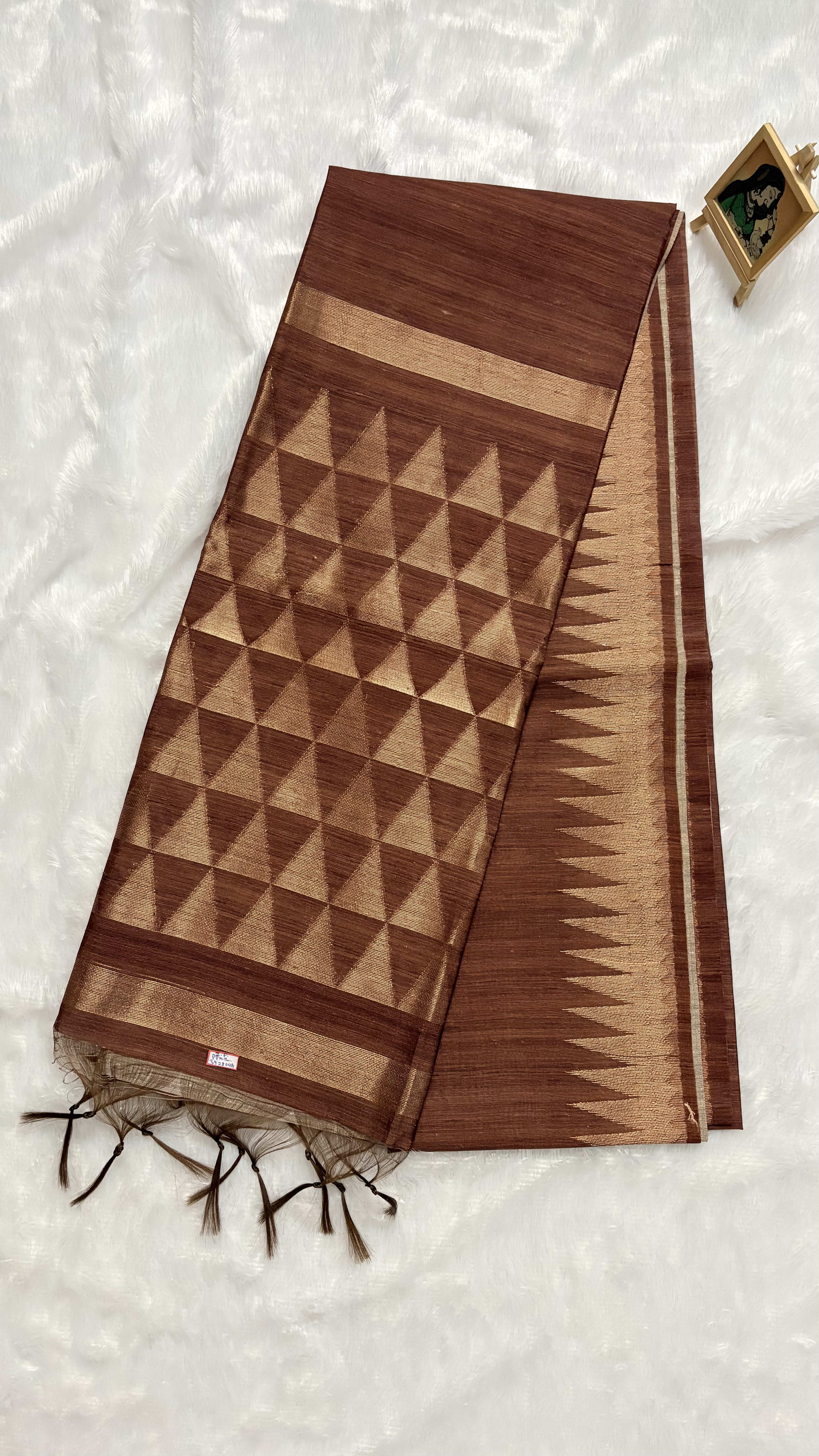 Soft Tussar Sarees with Temple border - Brown — Brown Chanderi Tussar saree