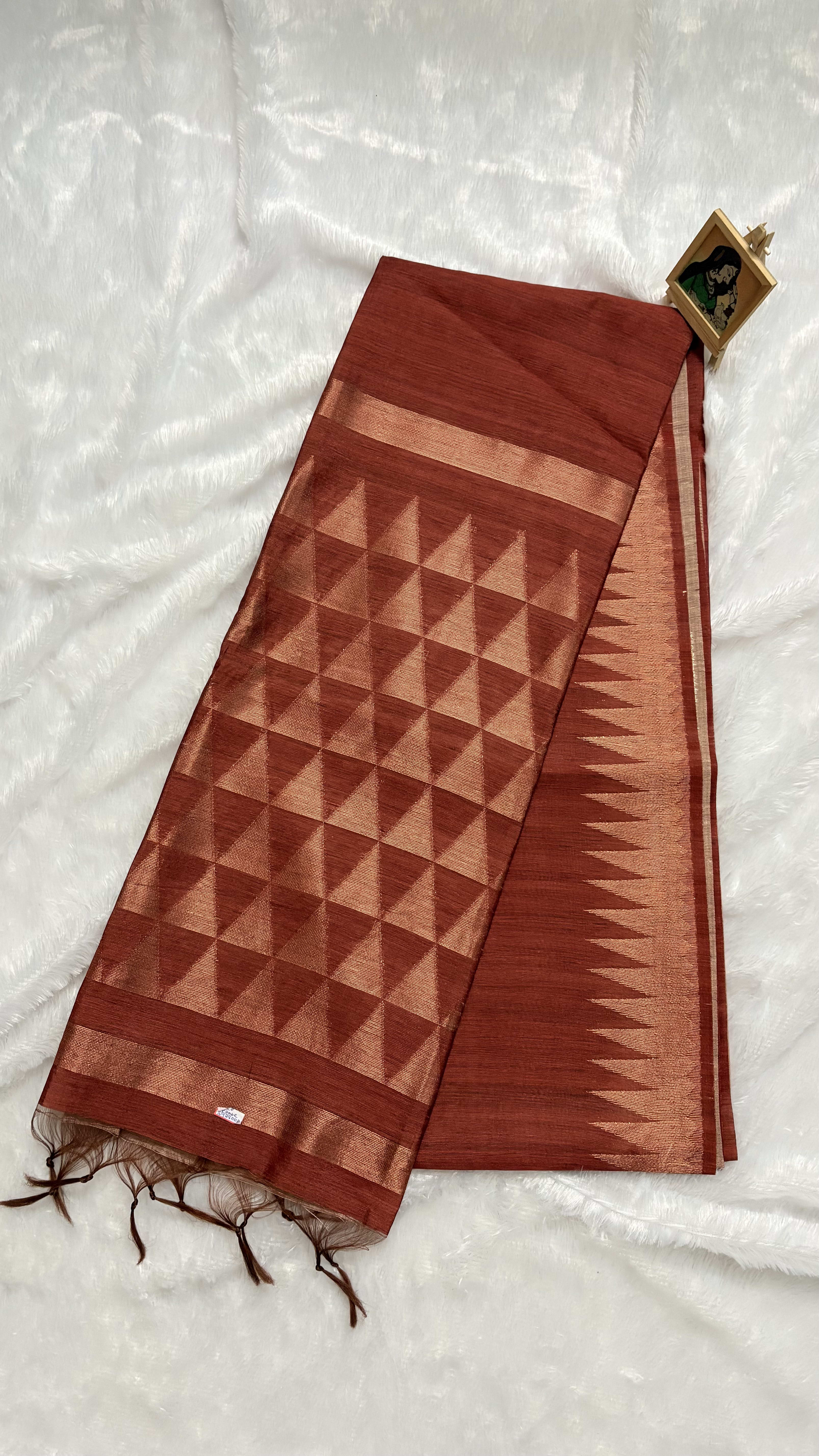 Soft Tussar Sarees with Temple border - Brick Brown — Brown Chanderi Tussar saree