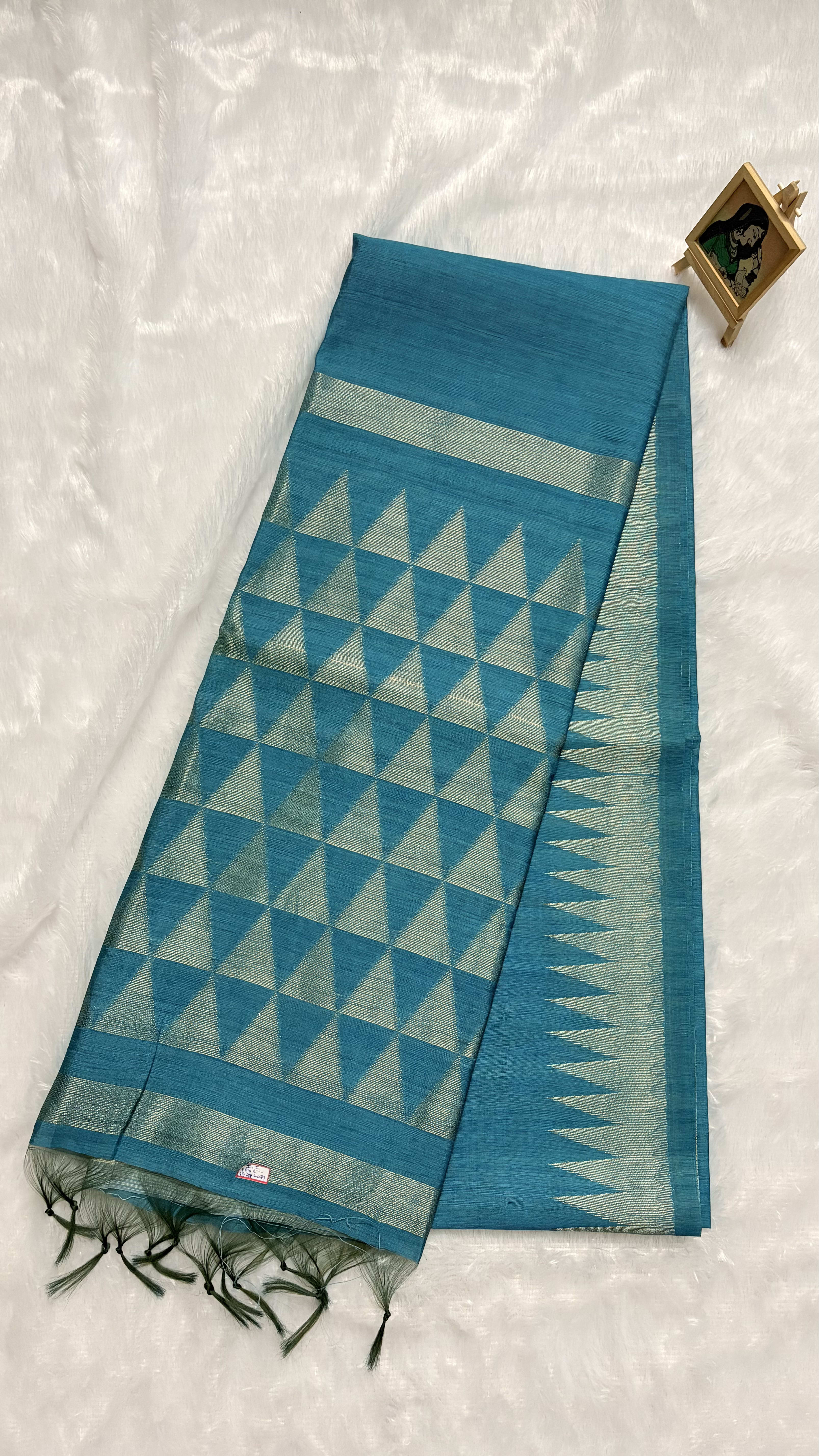 Soft Tussar Sarees with Temple border - Blue — Blue Chanderi Tussar saree