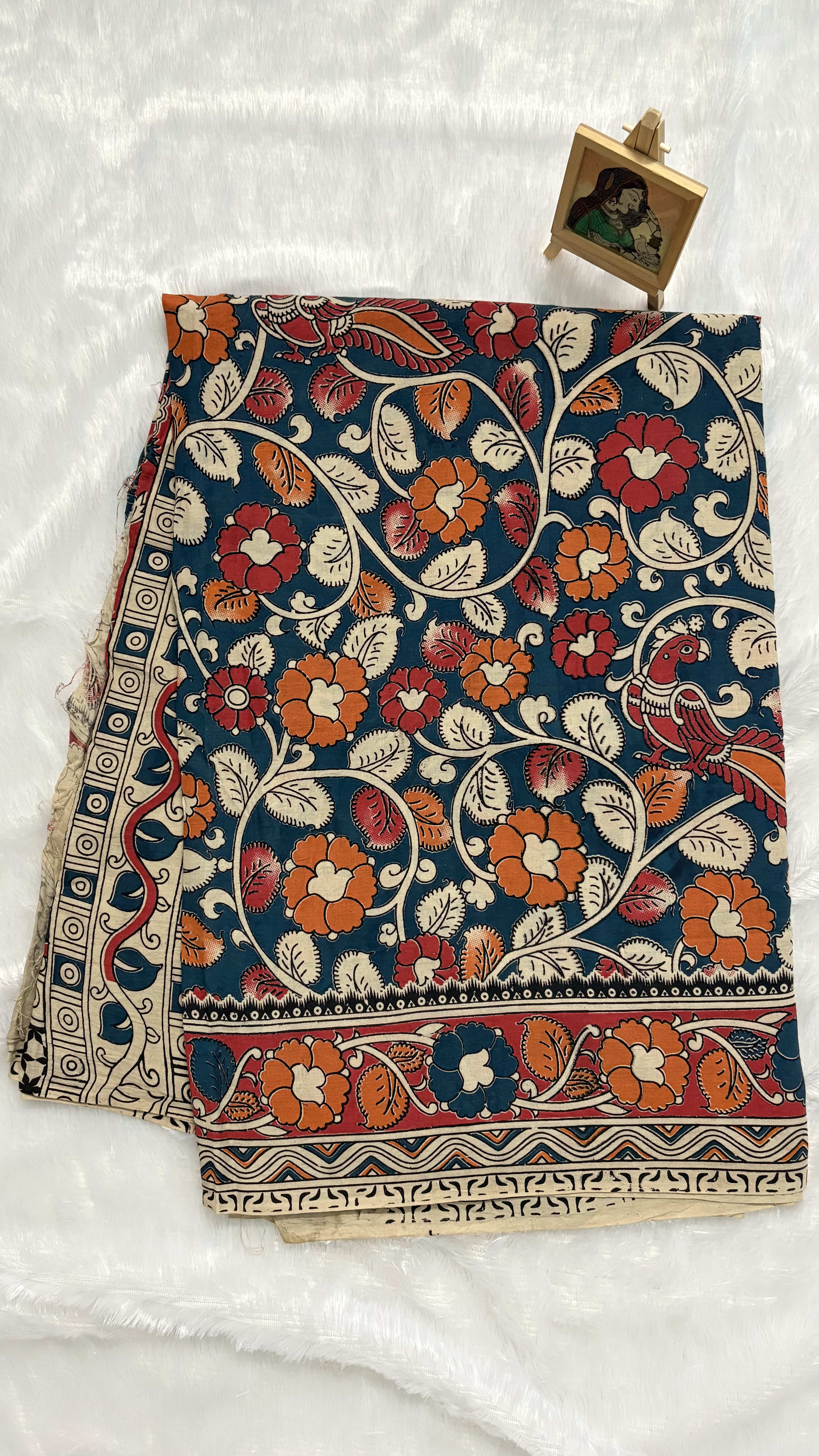 Pure Kalamkari Cotton Saree - Blue Floral — Blue Kalamkari Cotton saree