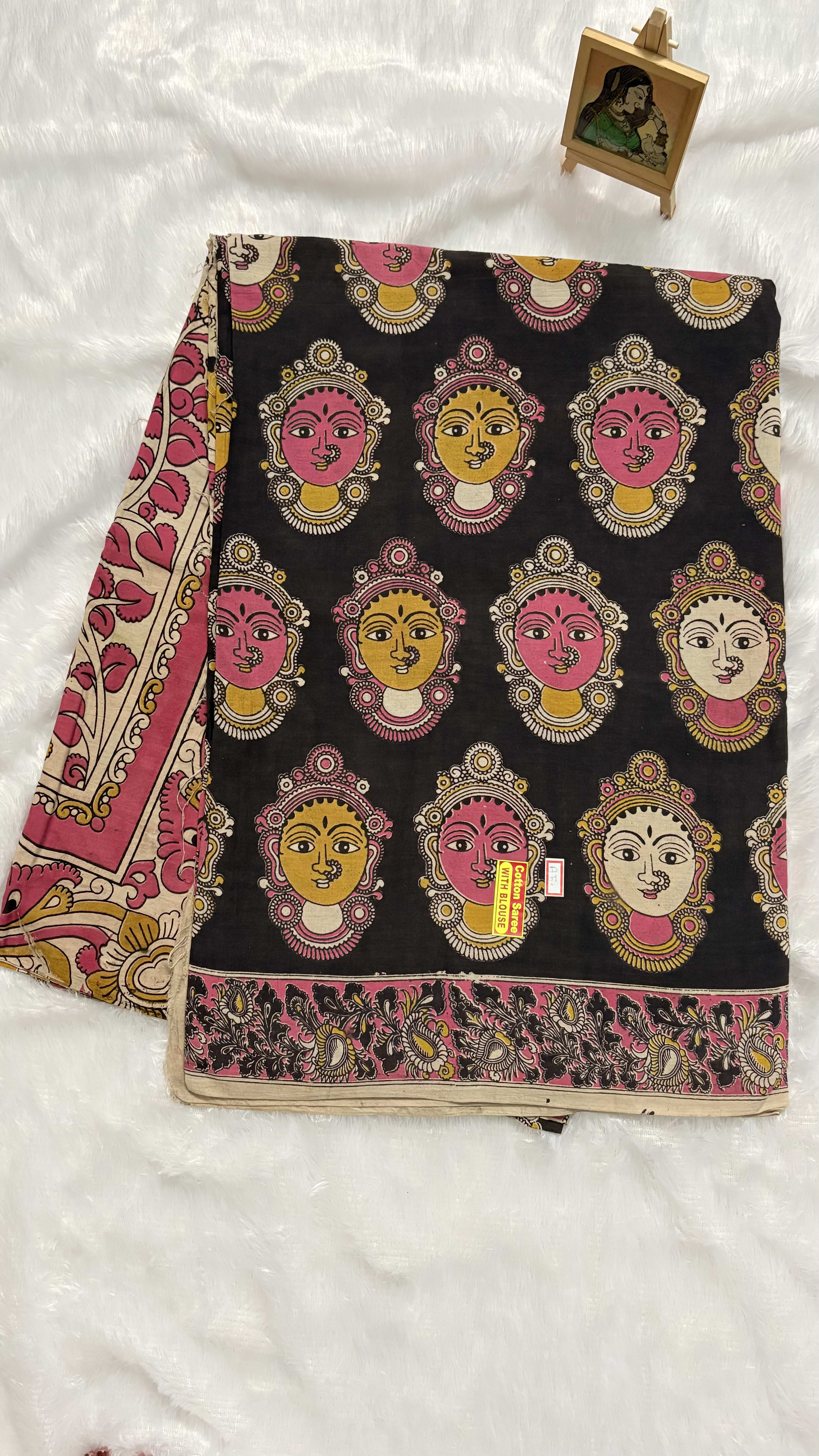 Pure Kalamkari Cotton Saree - Black Devi — Black/Grey Kalamkari Cotton saree