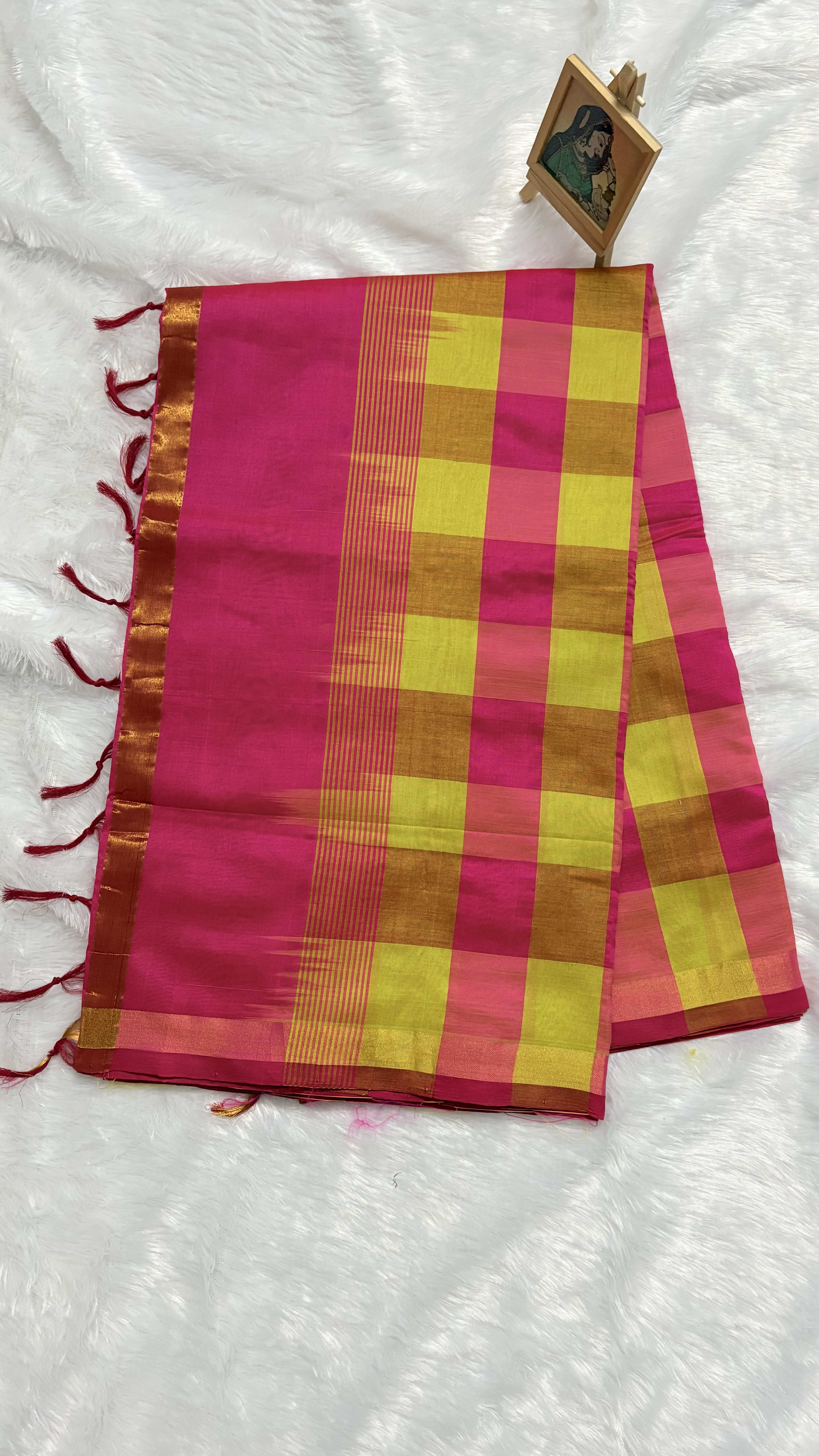 Paturu Pattu Saree - Pink and olive green — Pink/Peach Chanderi Cotton Silk saree