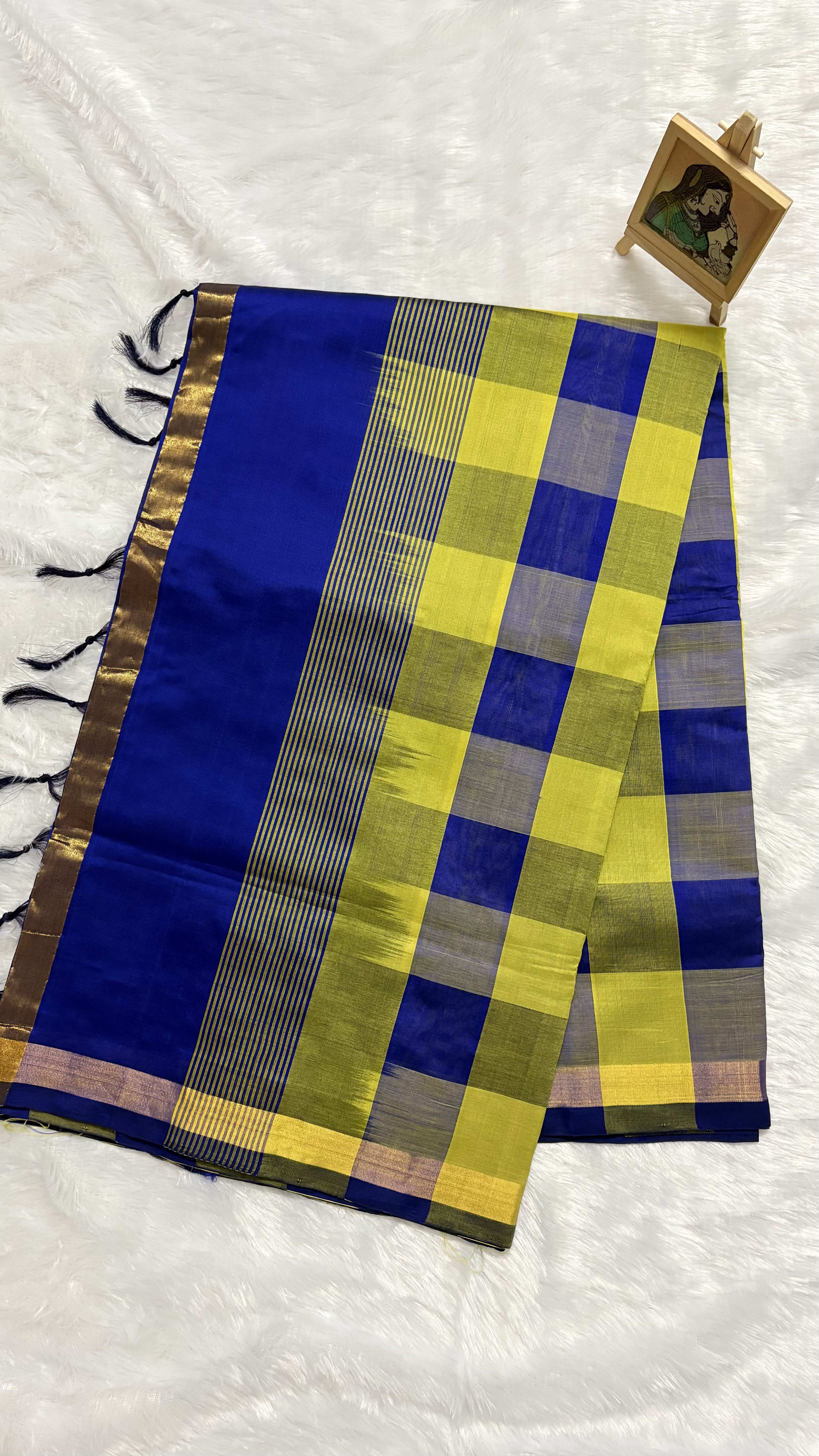 Paturu Pattu Saree - Neon green and blue — Green Chanderi Cotton Silk saree