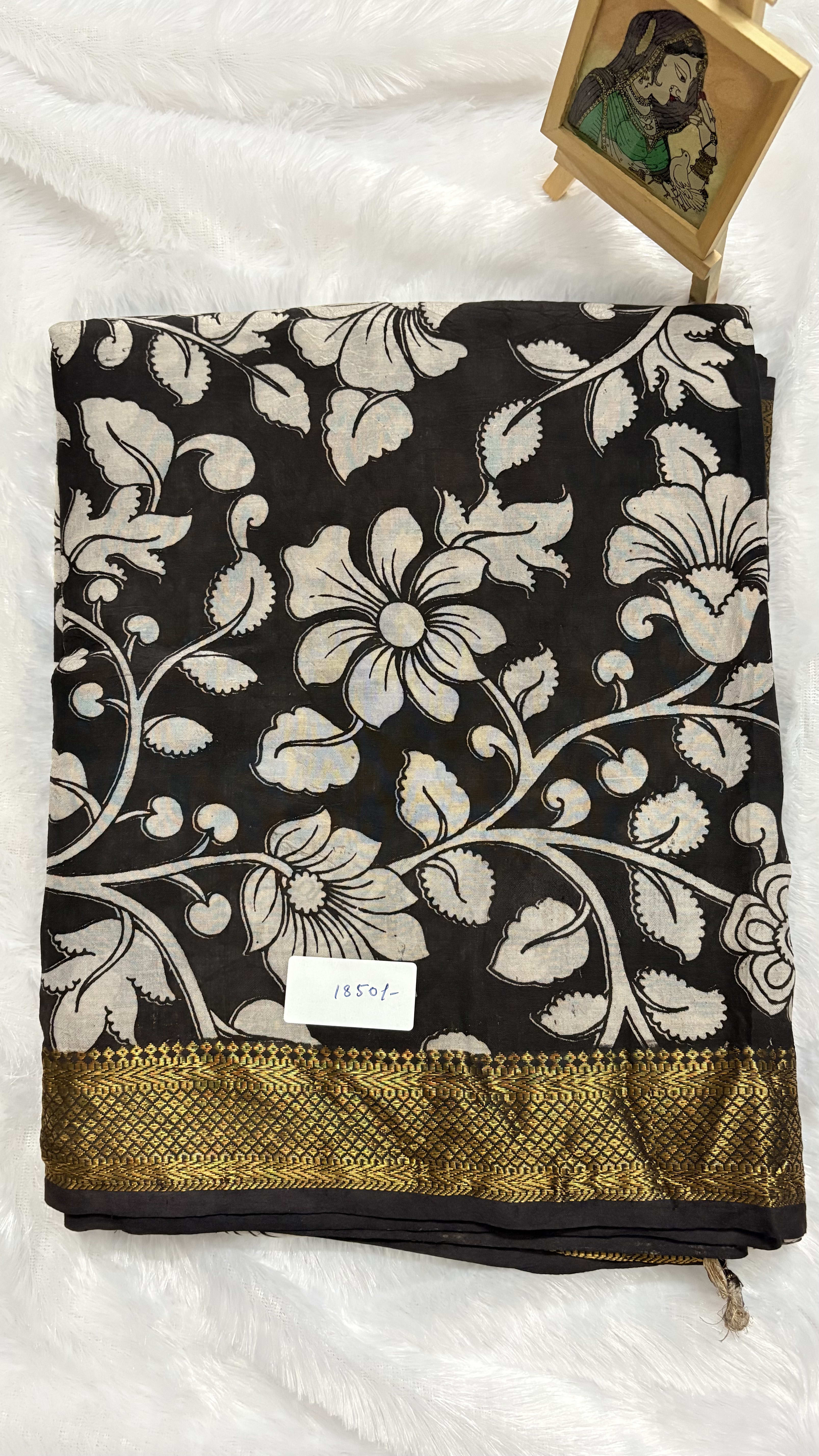Chennur silk with Nizam border - Black floral — Black/Grey Kalamkari Cotton Silk saree