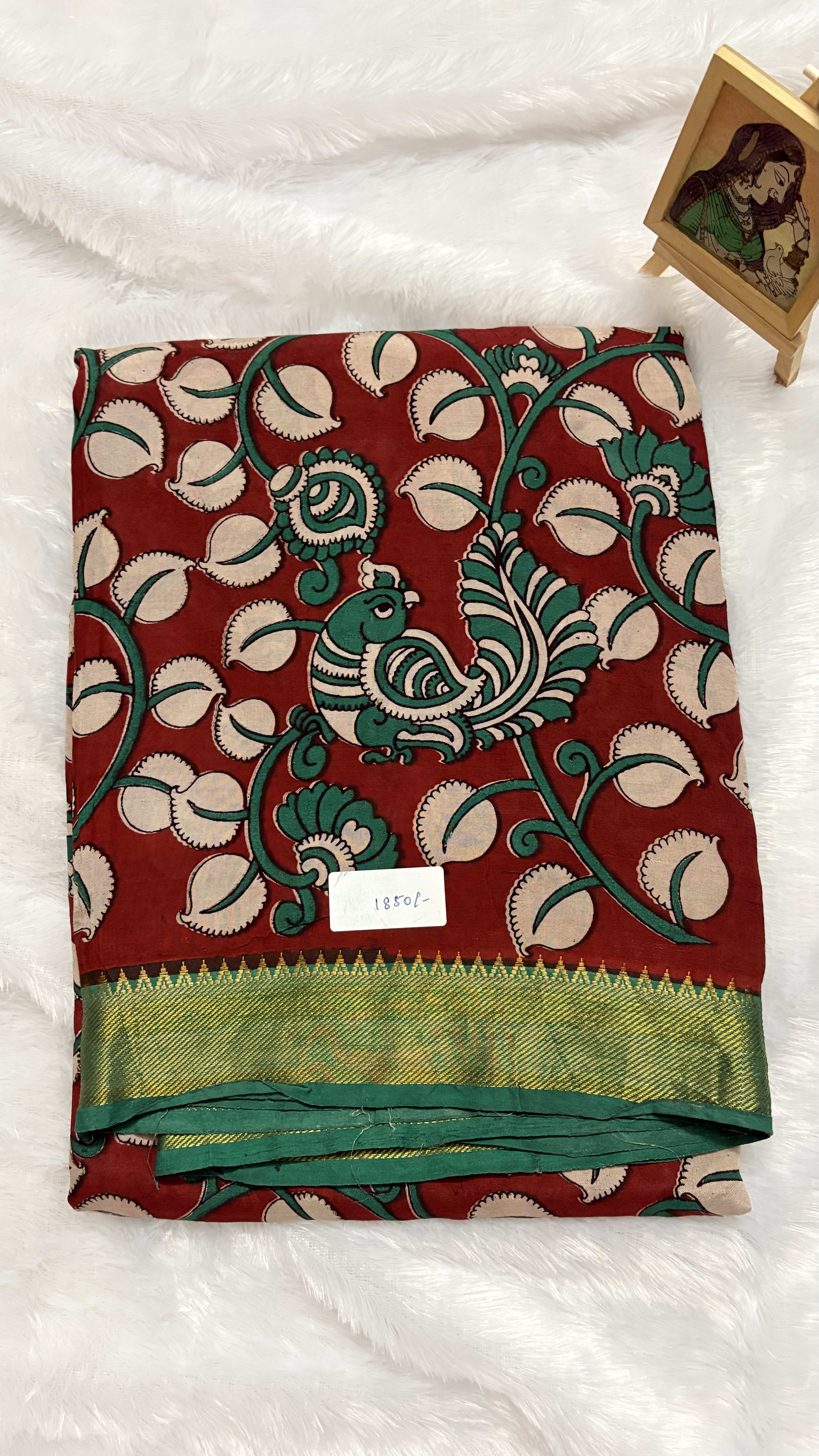 Chennur silk with Nizam border - Maroon and green — Red/Maroon Kalamkari Cotton Silk saree