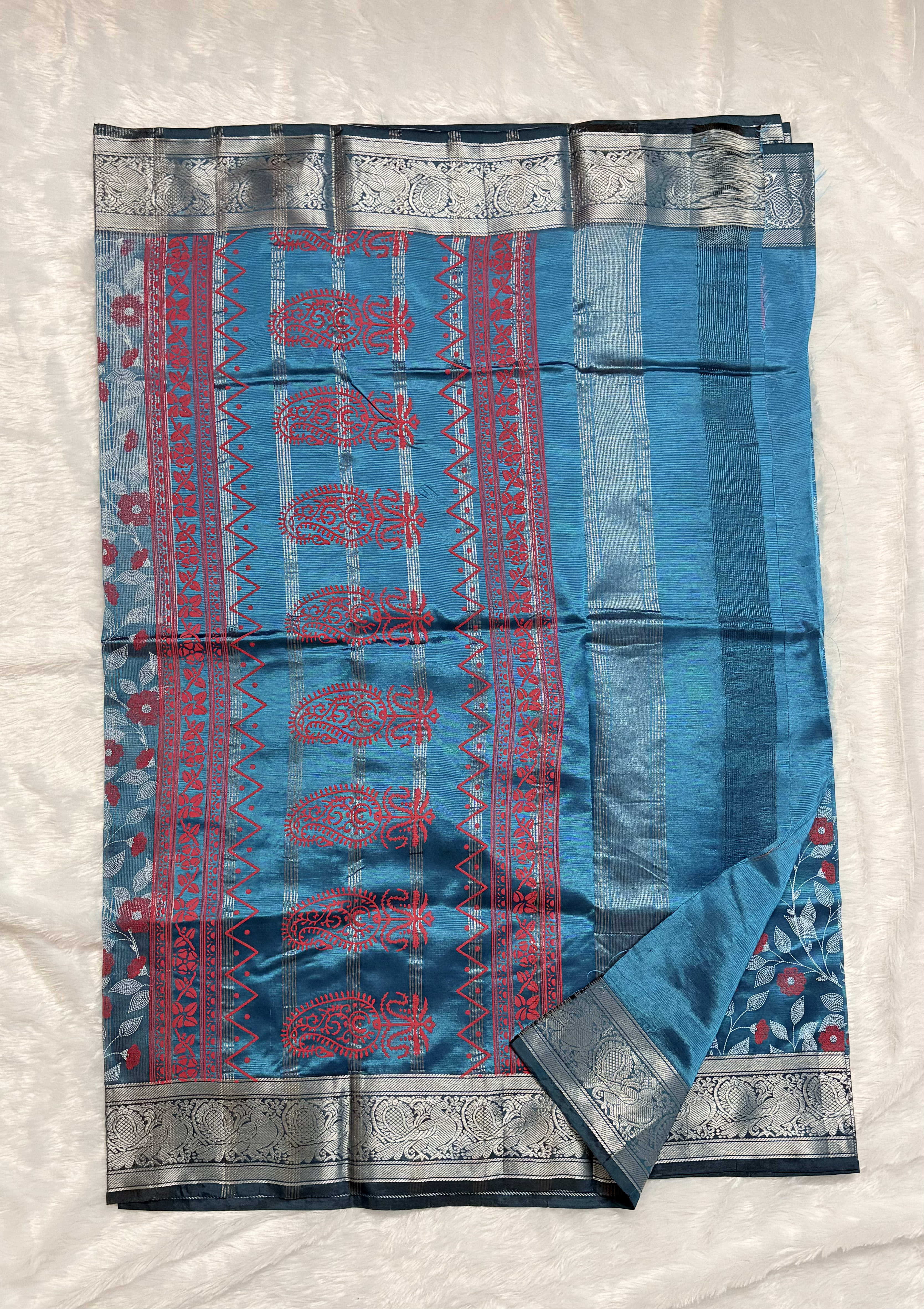 Mangalagiri Pattu Sarees - Teal Blue — Blue Mangalagiri Silk saree