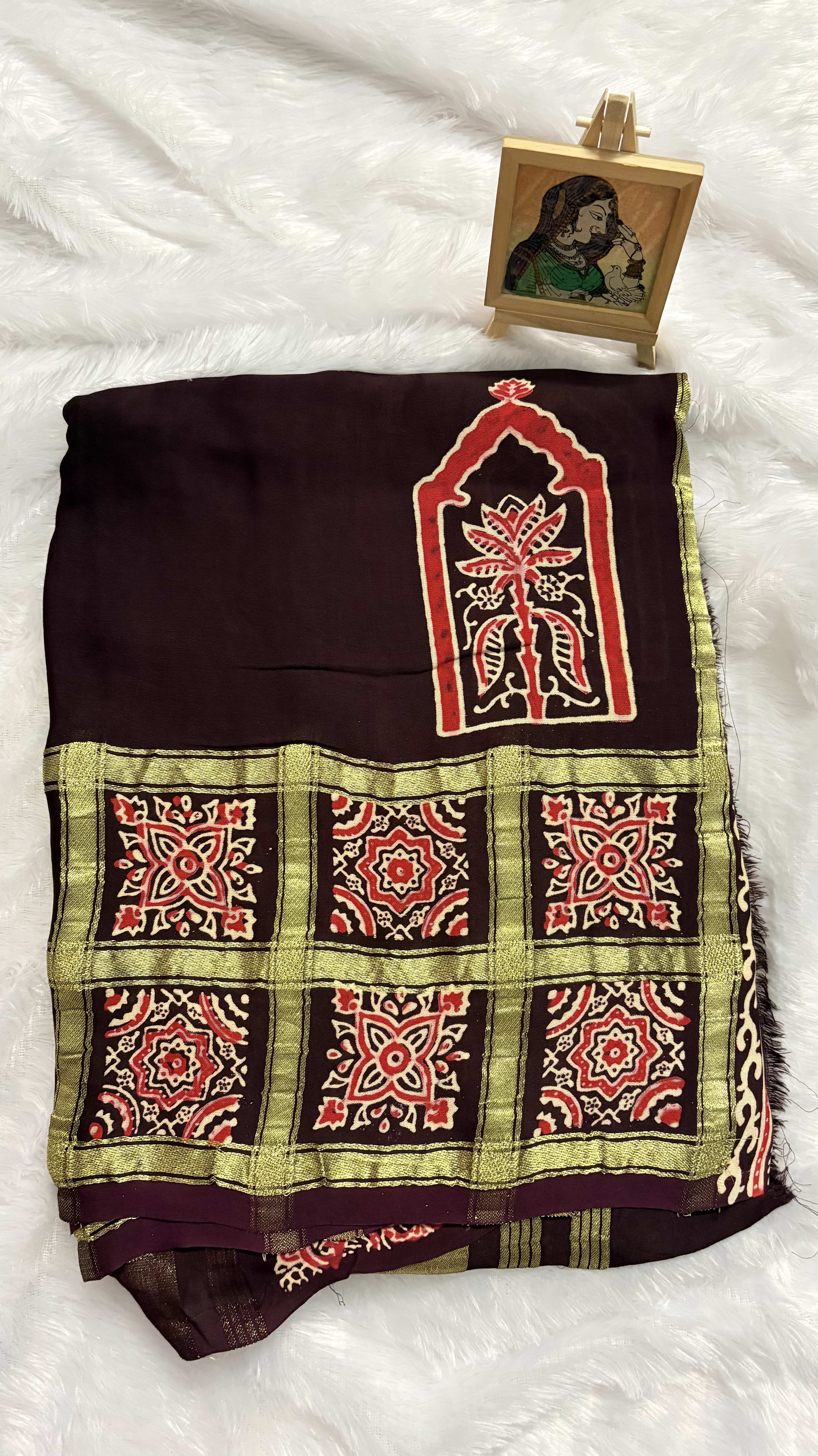 Pure Ajrakh Modal silk saree - Coffee brown checks — Brown Ajrakh Modal saree