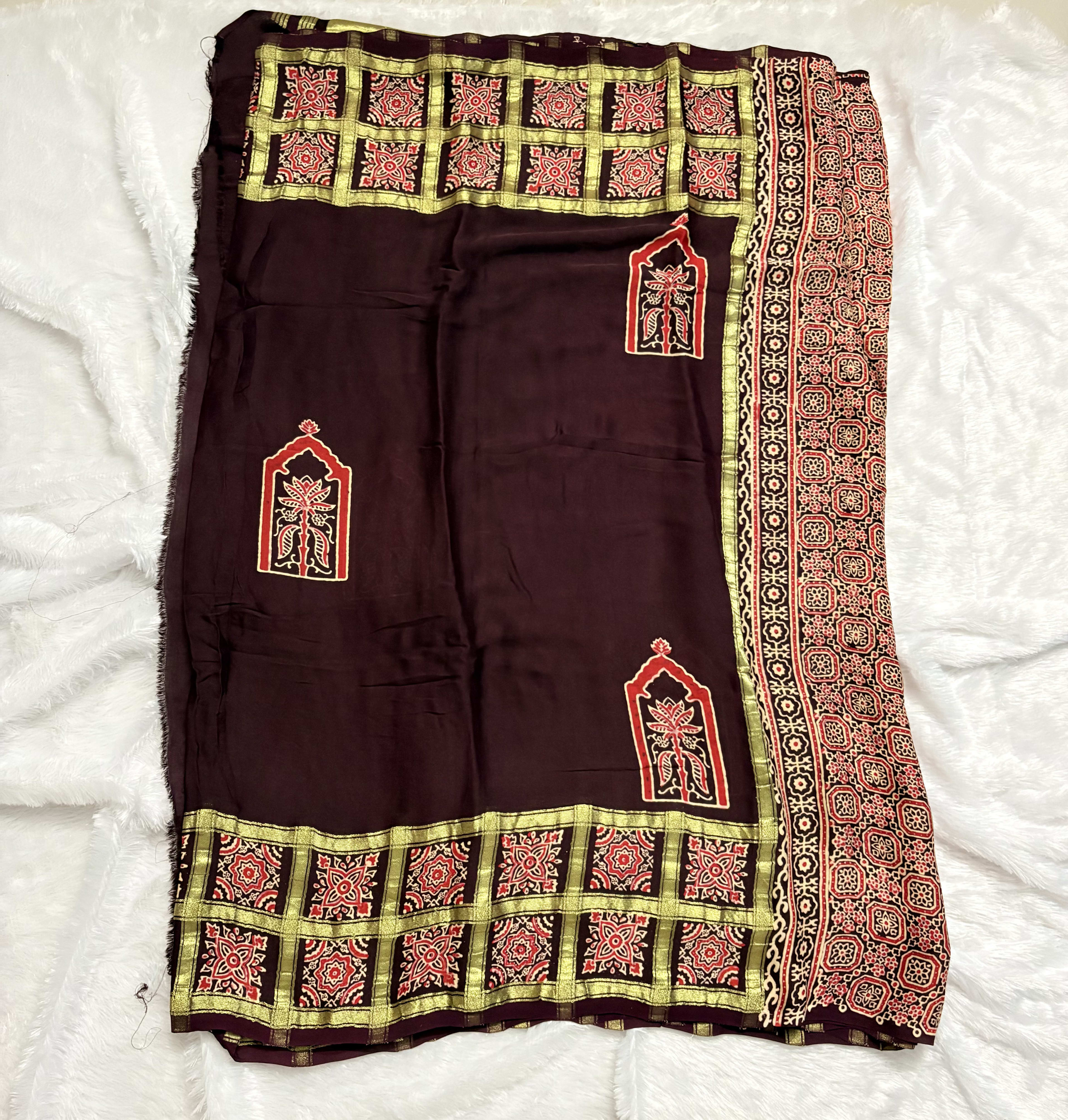 Pure Ajrakh Modal silk saree - Coffee brown checks — Brown Ajrakh Modal saree