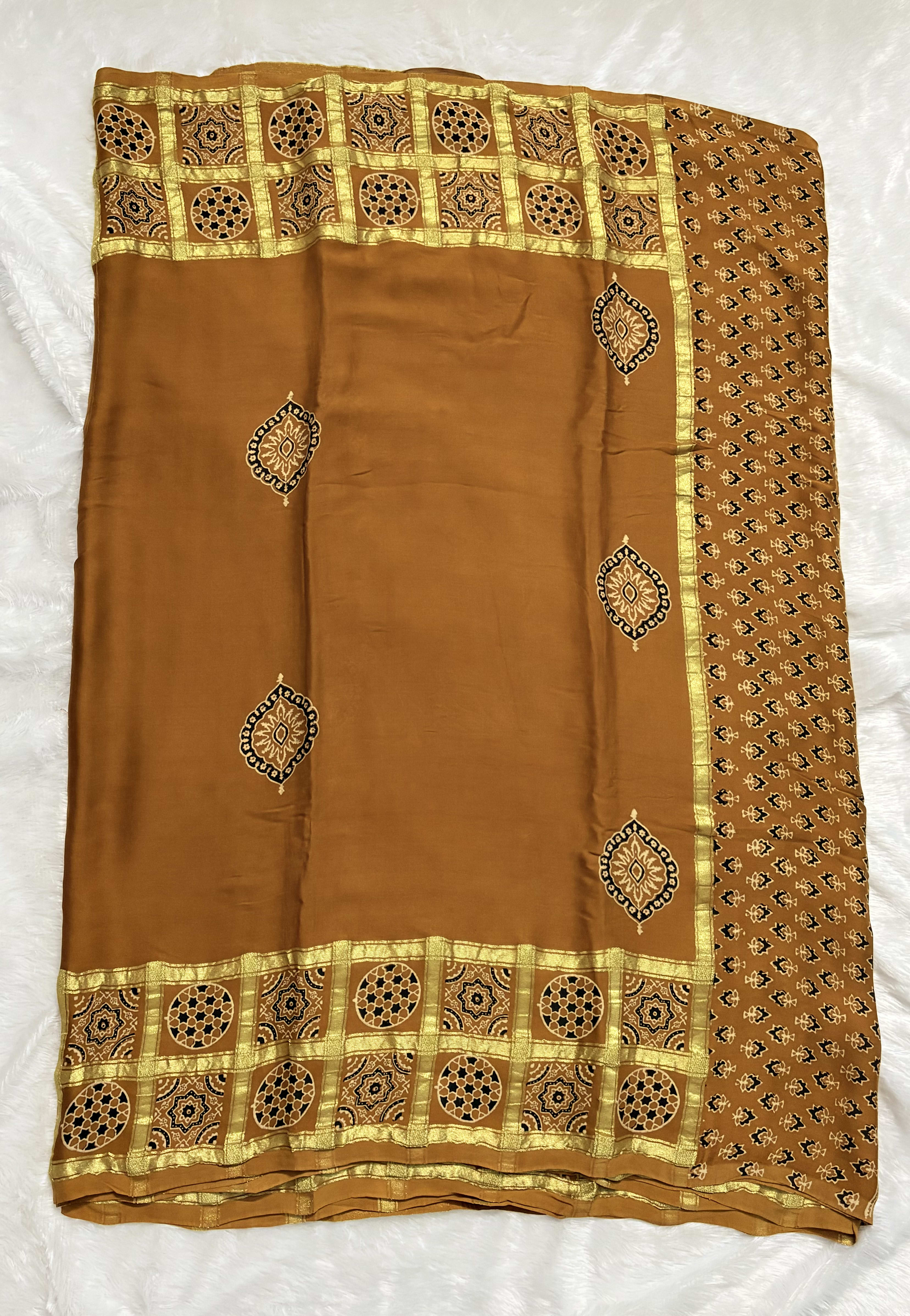 Pure Ajrakh Modal silk saree - Mustard yellow checks — Yellow Ajrakh Modal saree