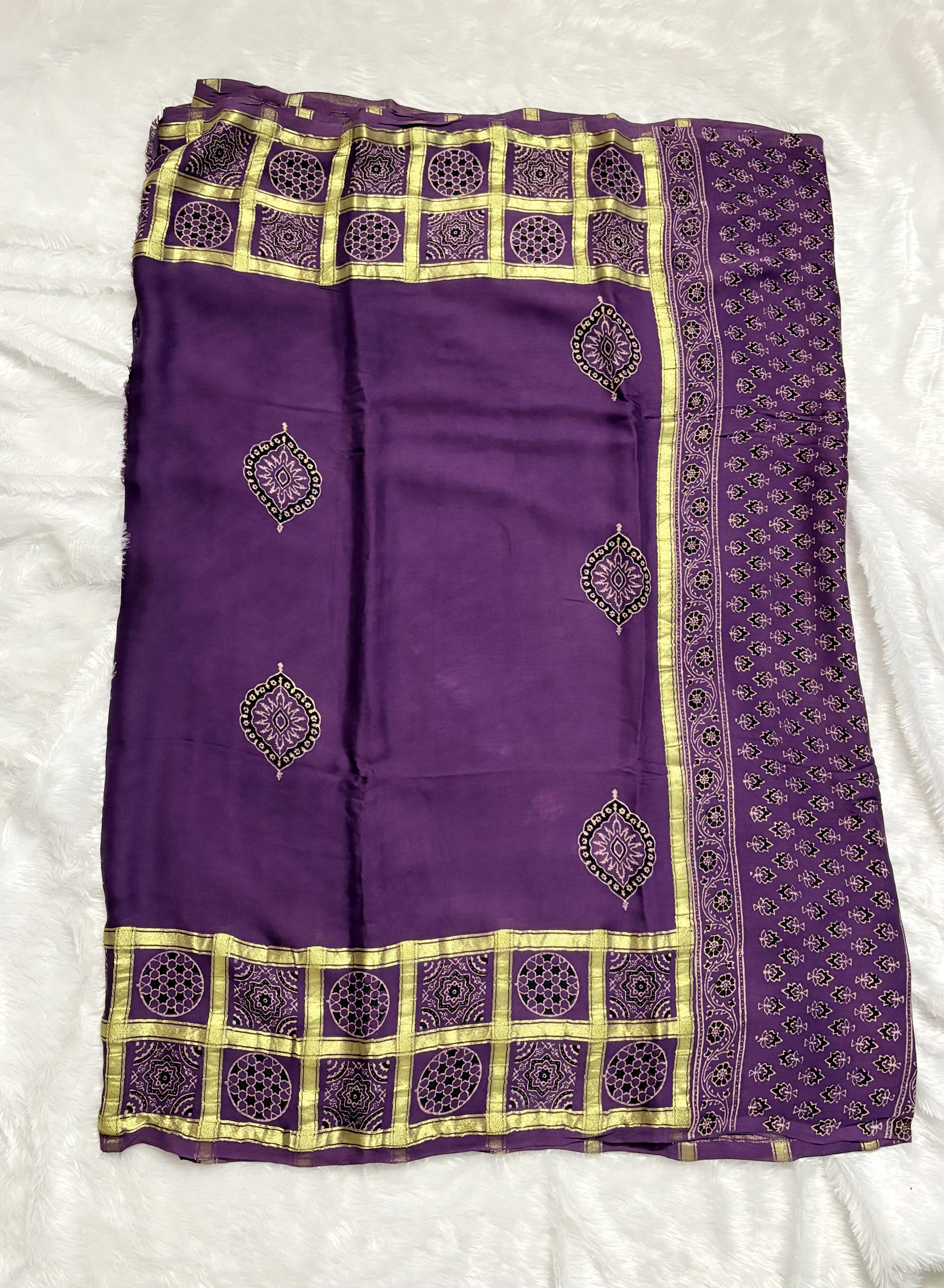 Pure Ajrakh Modal silk saree - Lavender checks — Purple/Lavender Ajrakh Modal saree