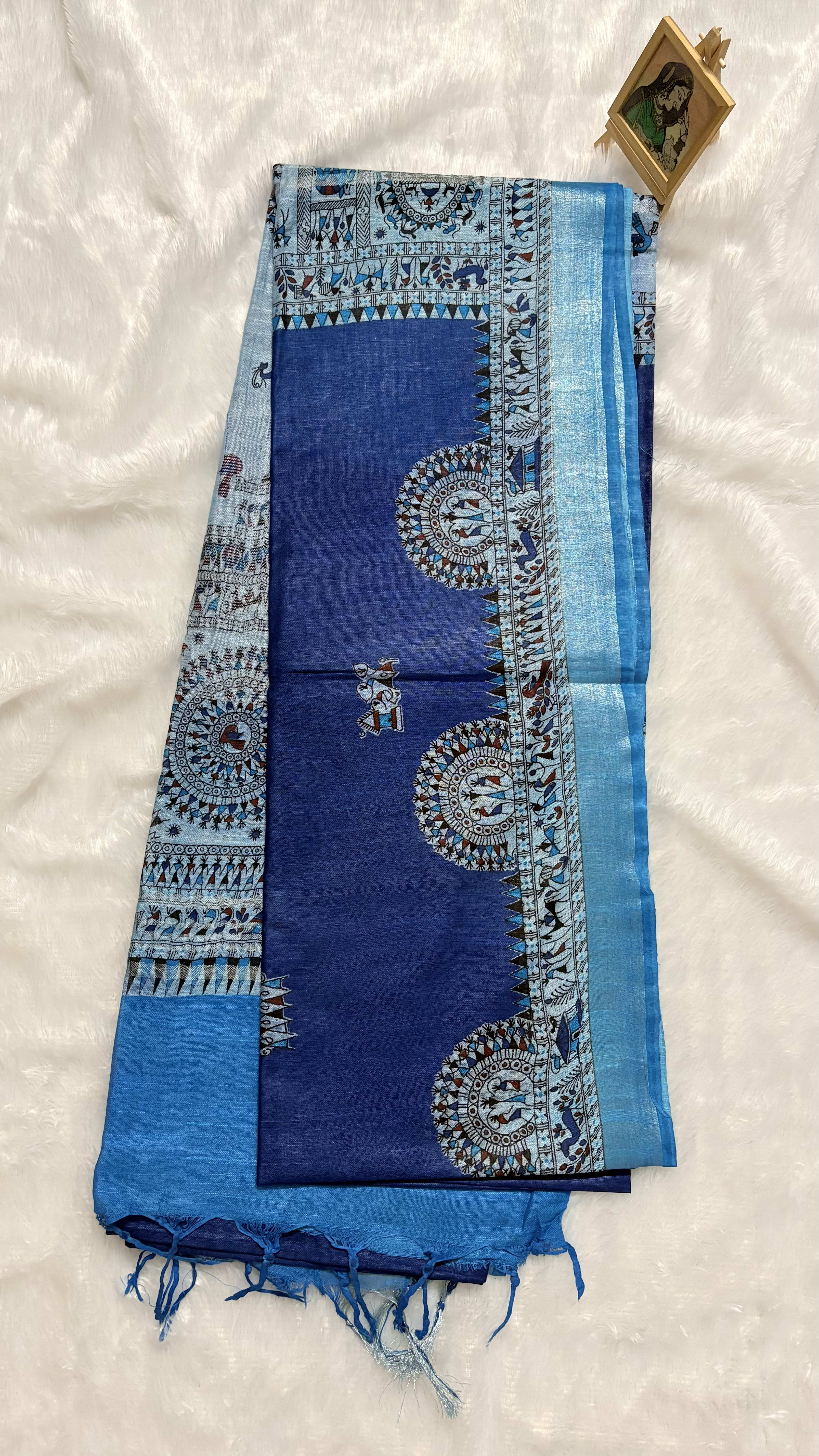 Linen Cotton Sarees with Madhubani prints - Blue — Blue Chanderi Linen saree