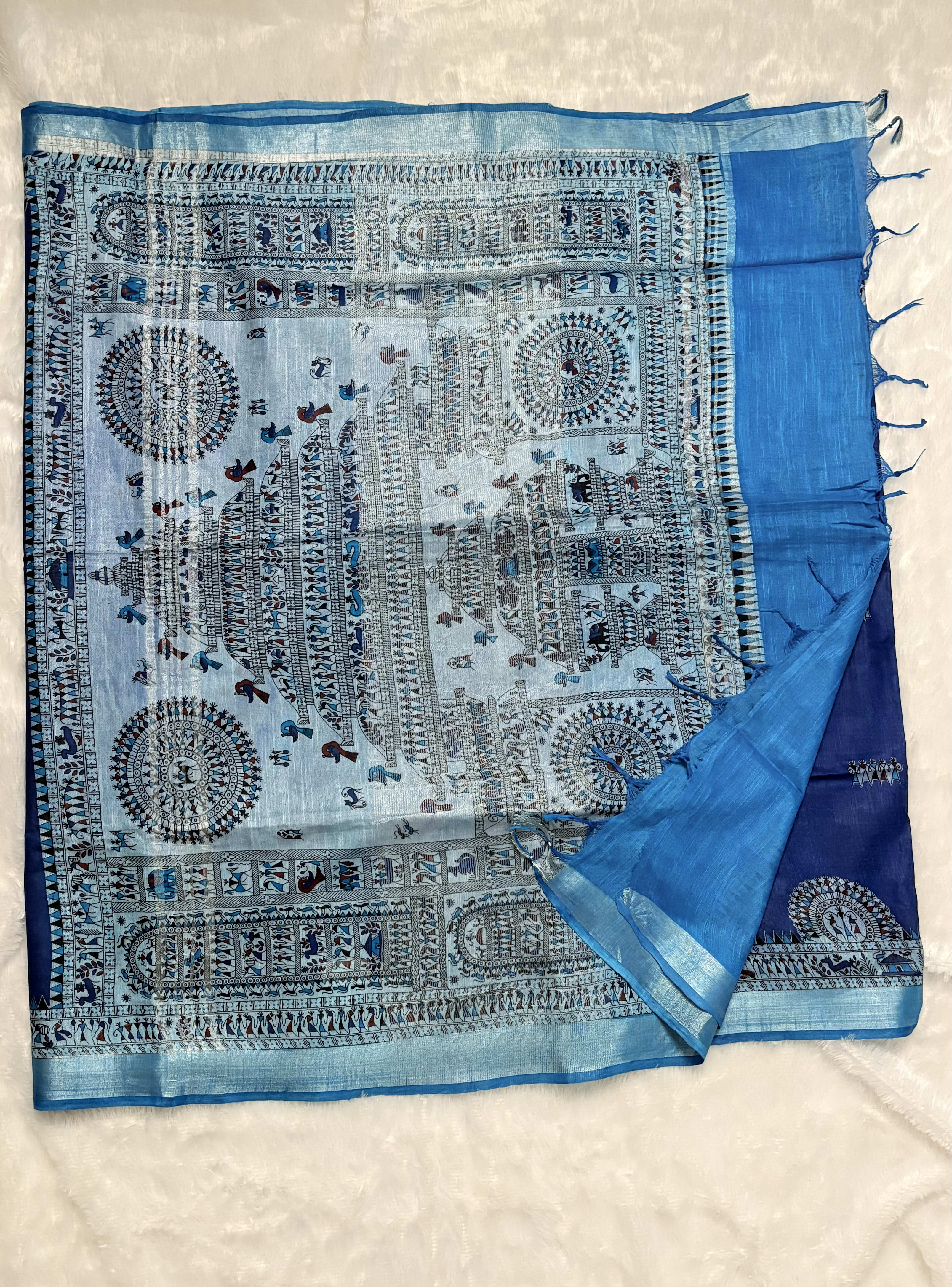 Linen Cotton Sarees with Madhubani prints - Blue — Blue Chanderi Linen saree