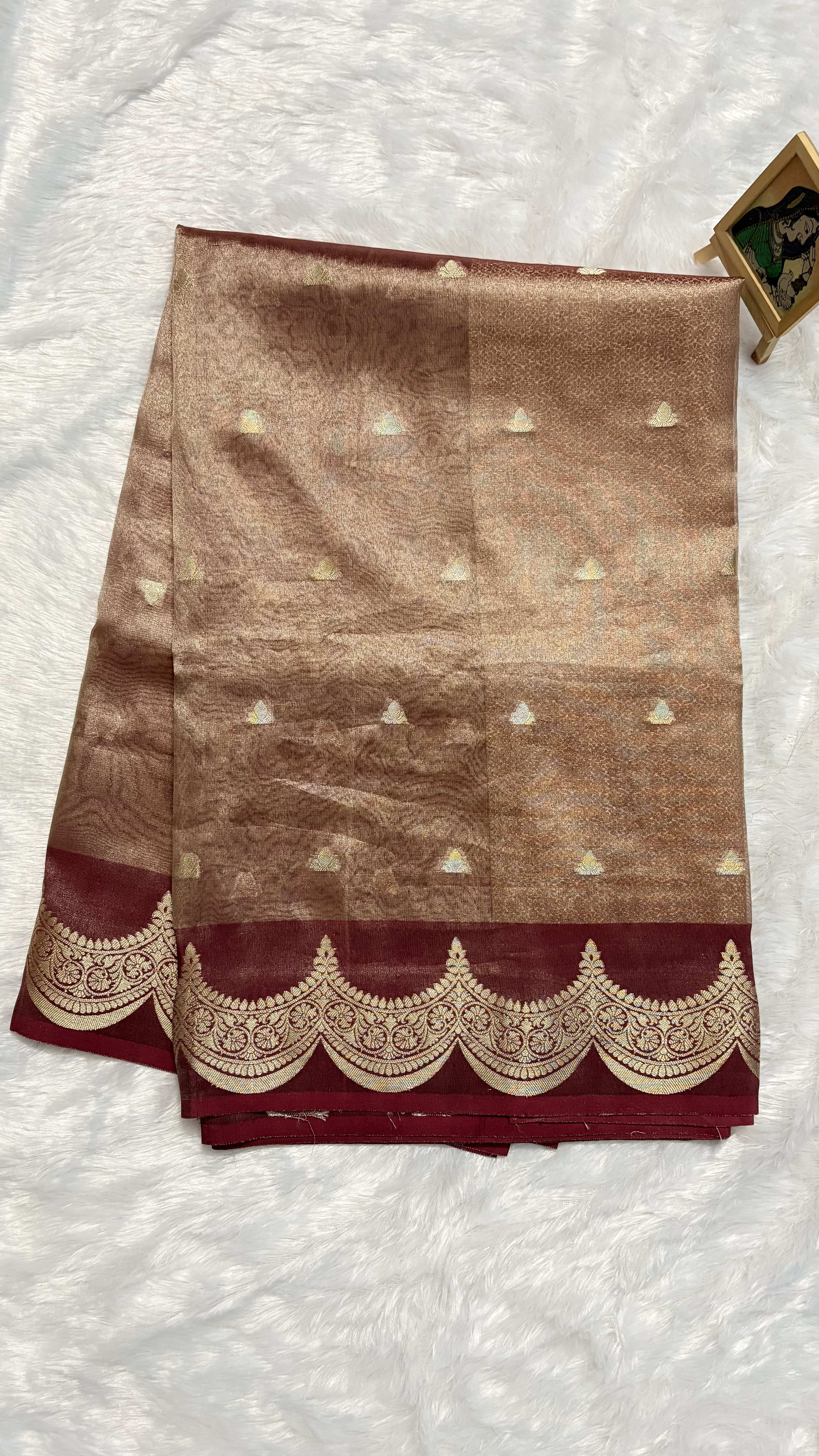 Tissue silk saree with Scallop border - Maroon — Red/Maroon Banarasi Tissue saree