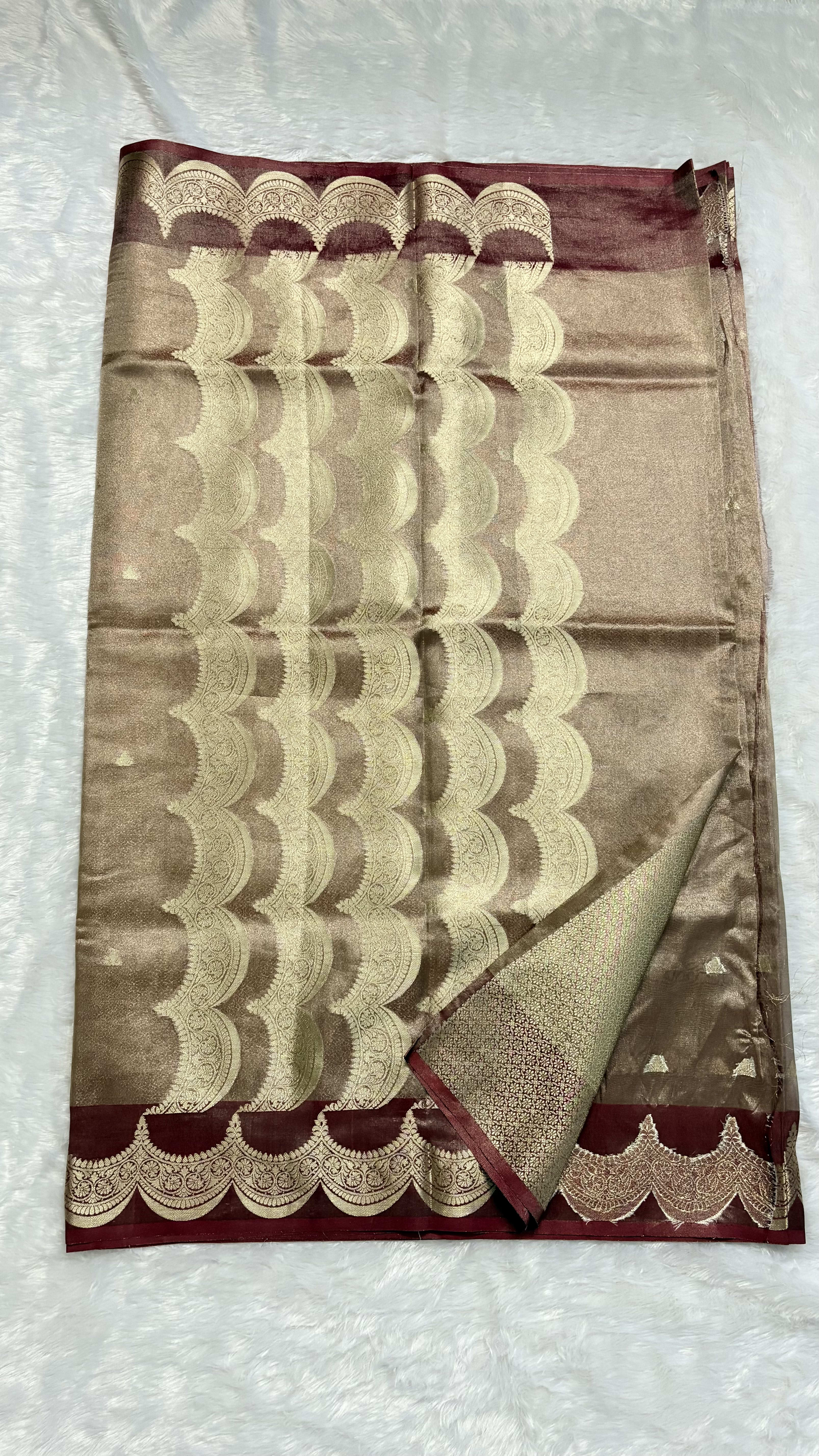 Tissue silk saree with Scallop border - Maroon — Red/Maroon Banarasi Tissue saree