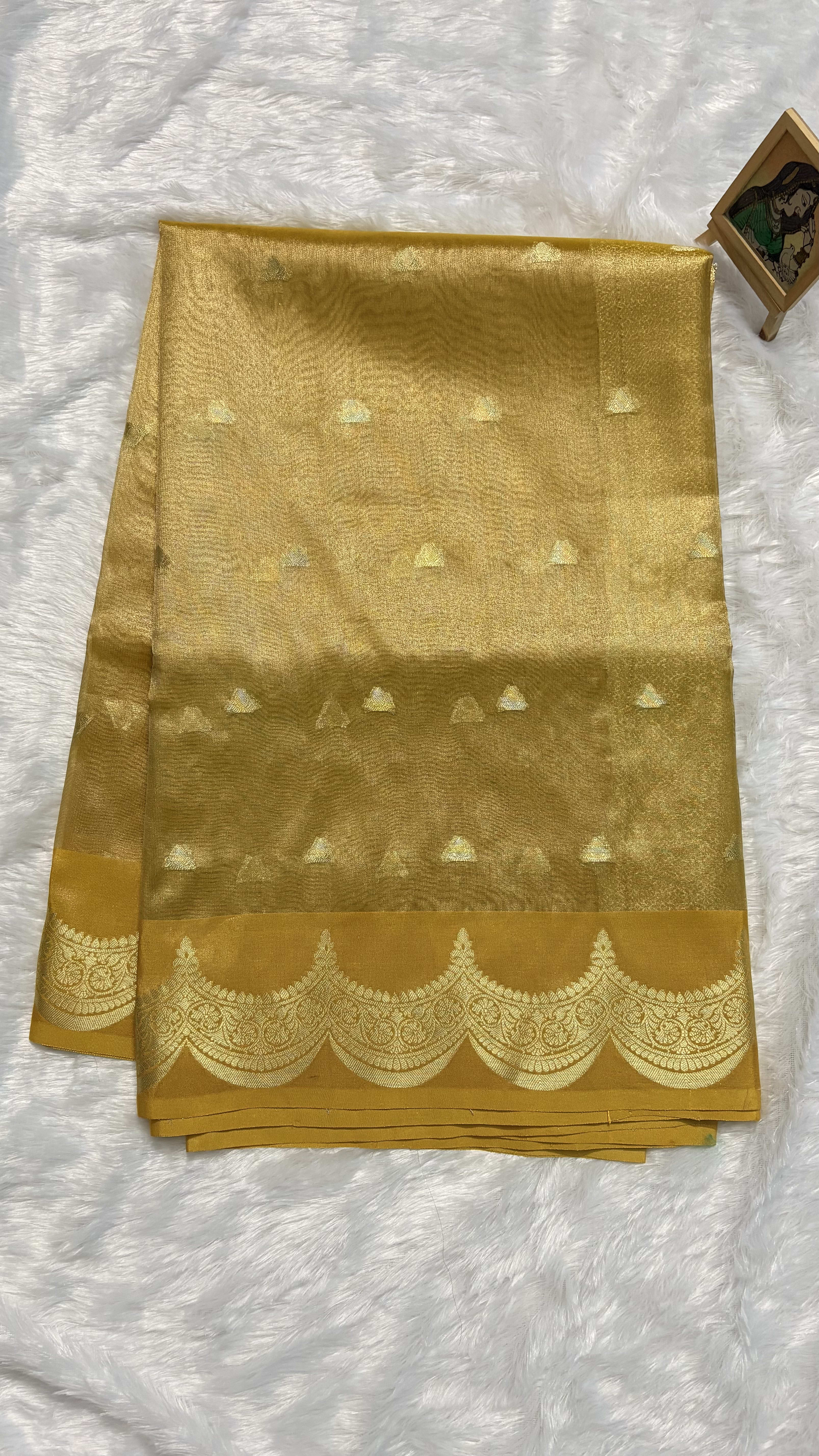 Tissue silk saree with Scallop Border - Yellow — Yellow Banarasi Tissue saree