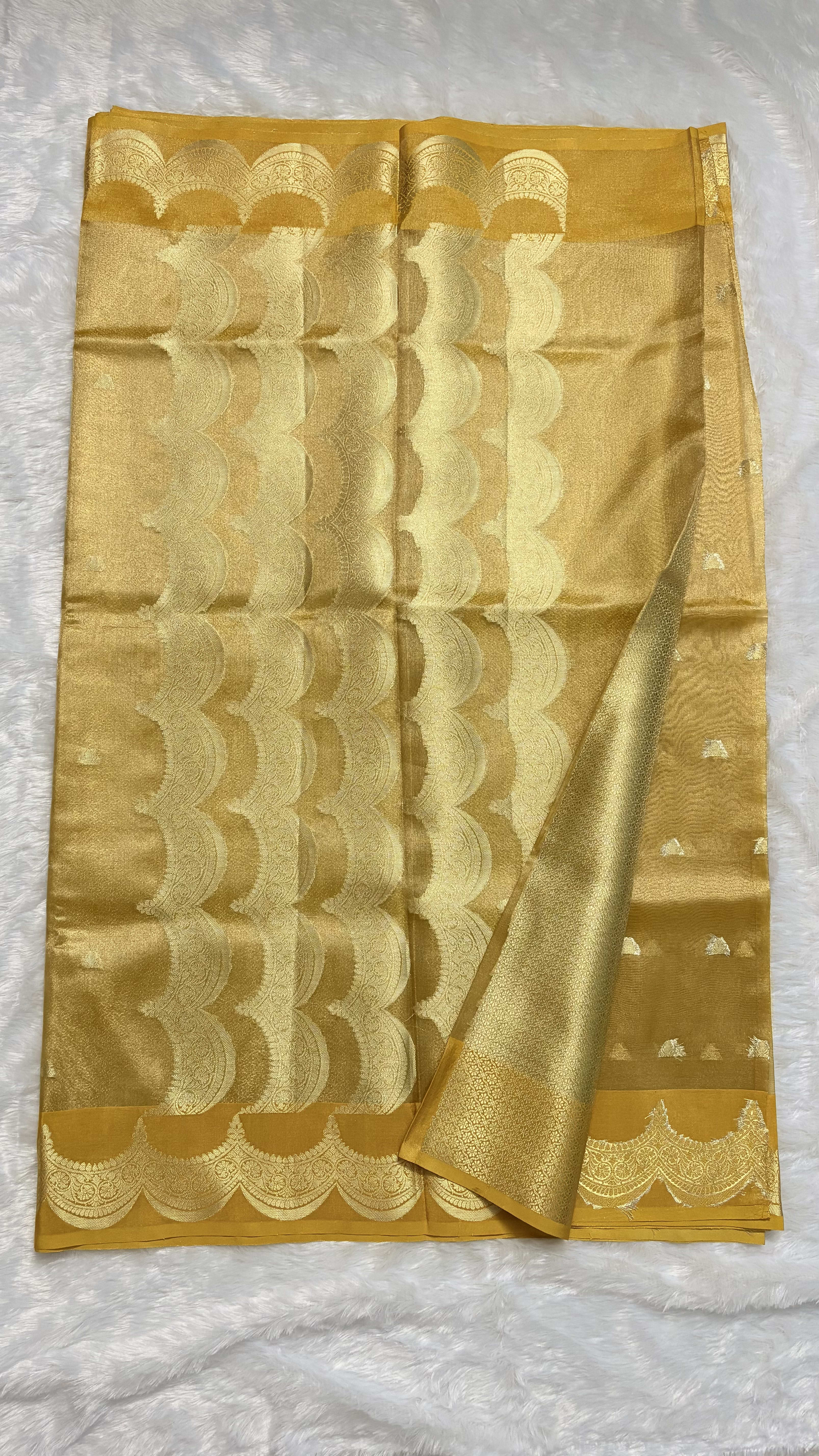 Tissue silk saree with Scallop Border - Yellow — Yellow Banarasi Tissue saree
