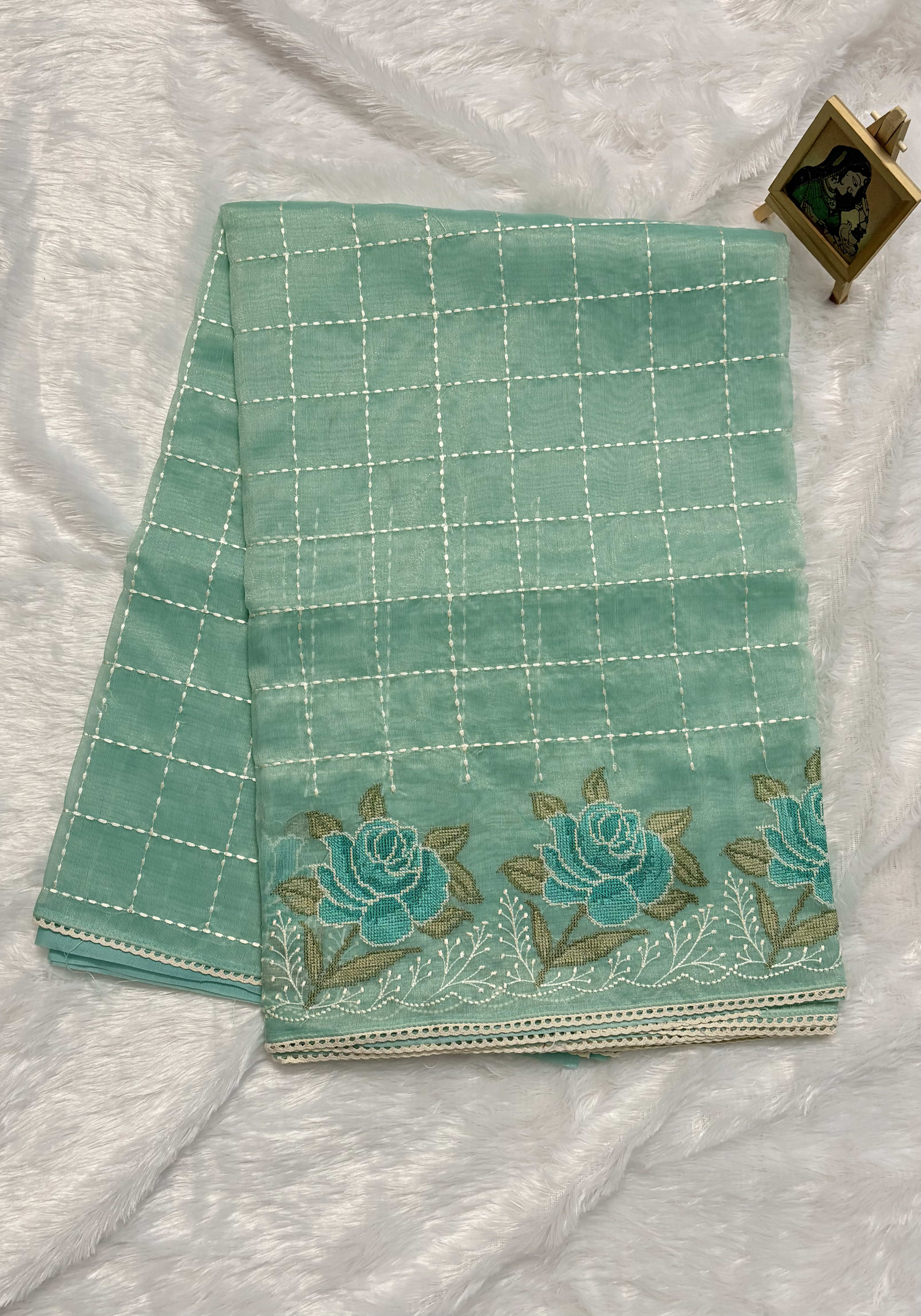 Tissue organza saree with Cross stitch - Green — Green Chanderi Organza saree