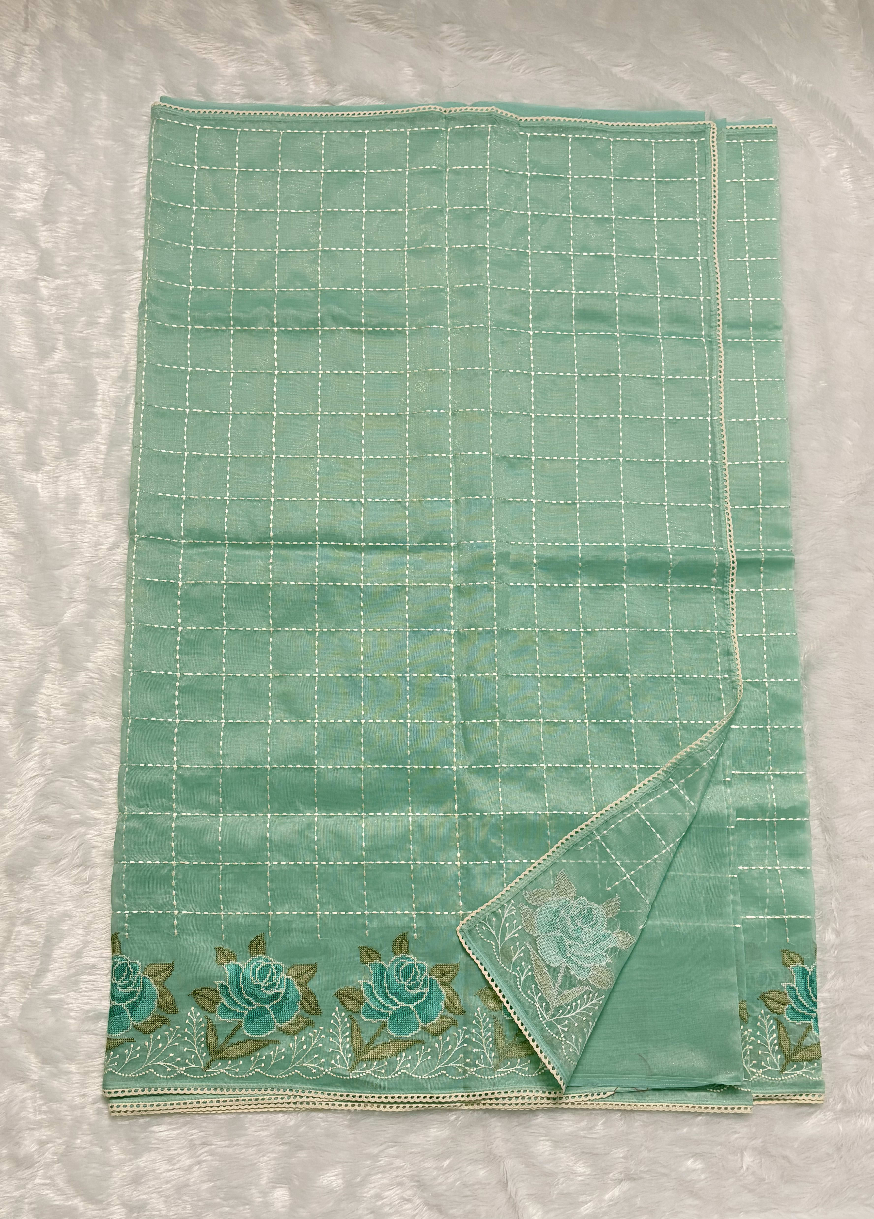 Tissue organza saree with Cross stitch - Green — Green Chanderi Organza saree