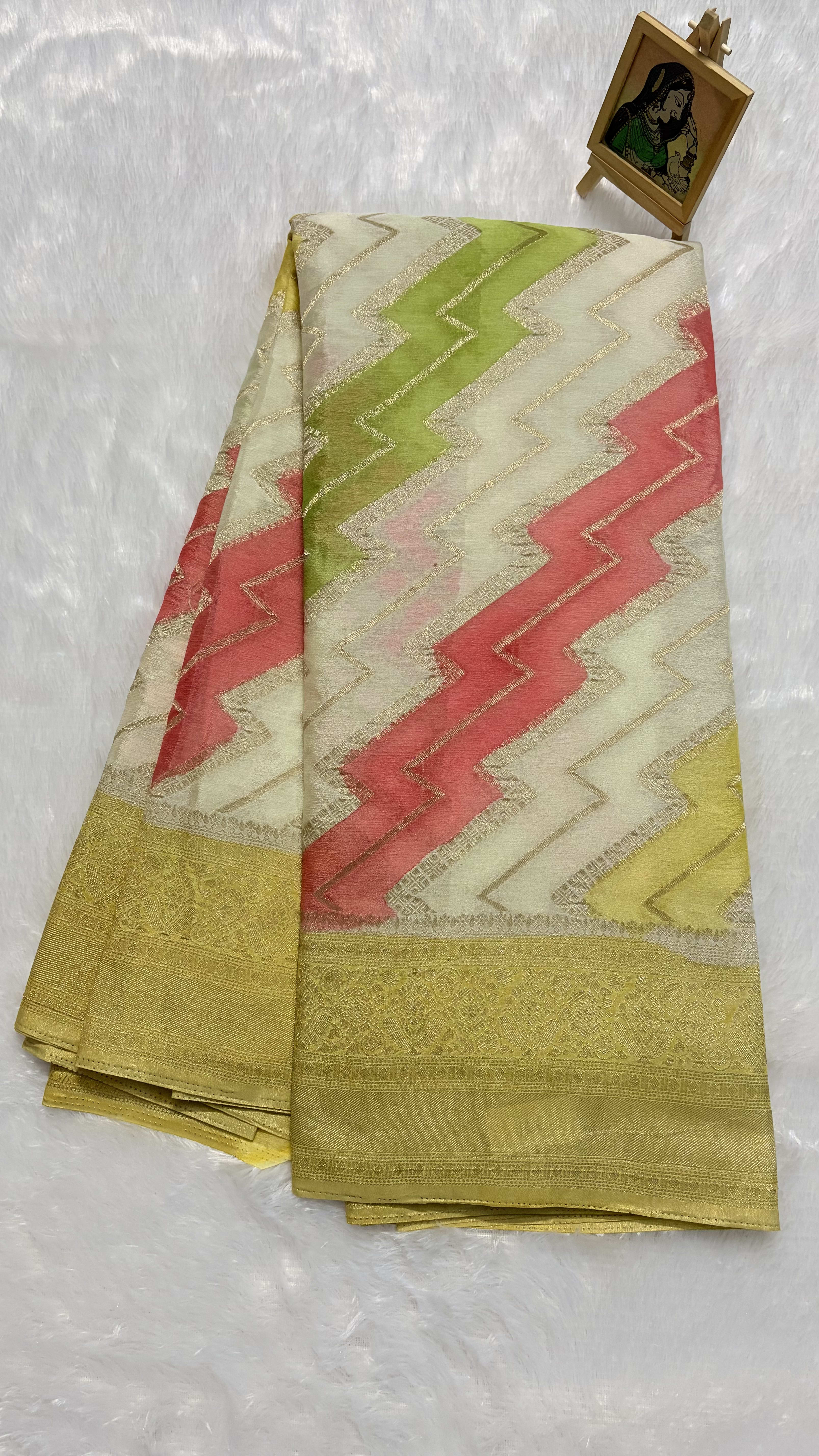 Crush Crepe Saree Rangkart - White - Zigzag — White/Cream Banarasi Crepe saree