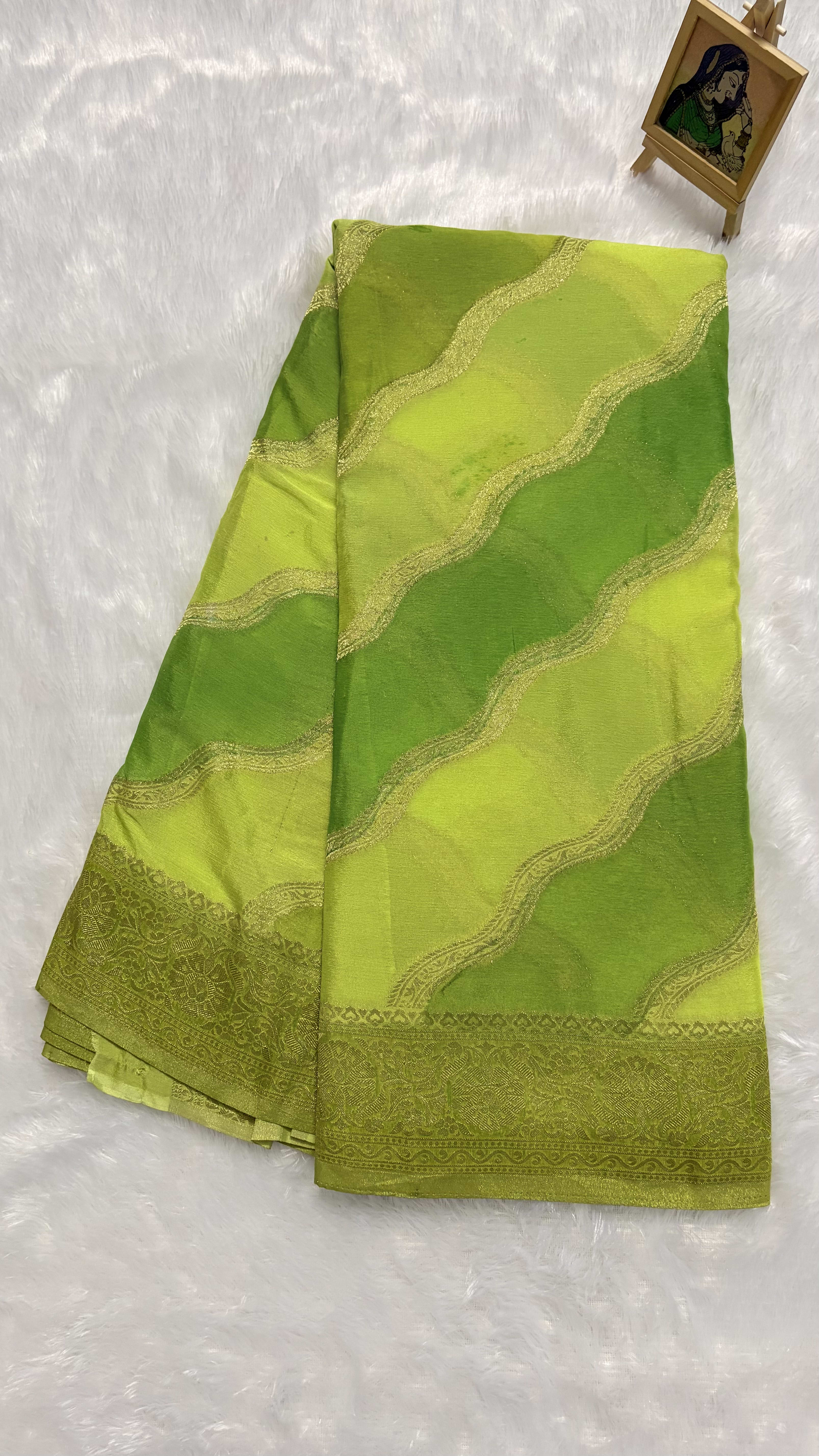 Crush Crepe Saree Rangkart - Green - Wave — Green Banarasi Crepe saree