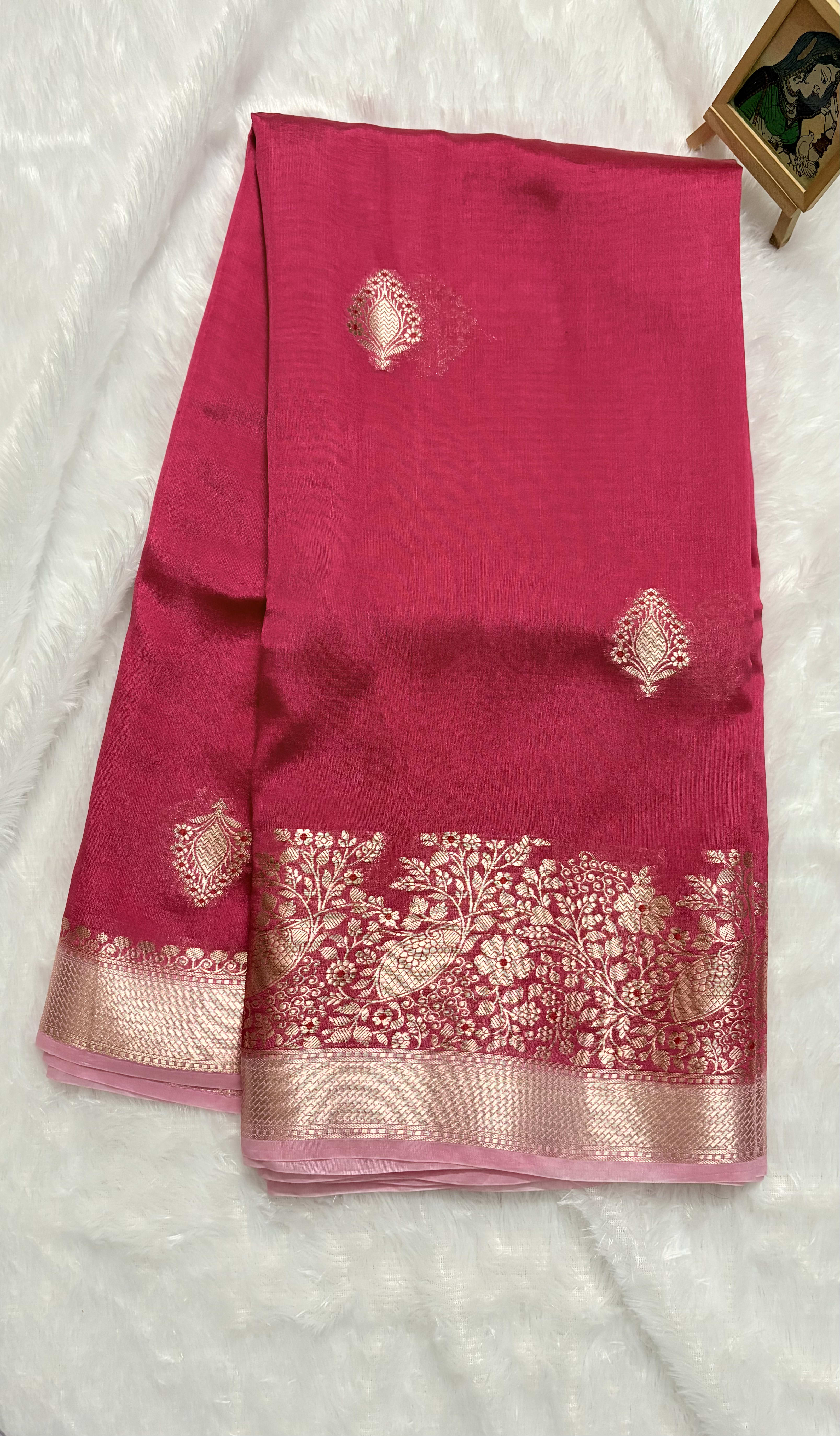 Pure Chiniya Silk Saree with Meenakari Weaving - Pink — Pink/Peach Banarasi Silk saree