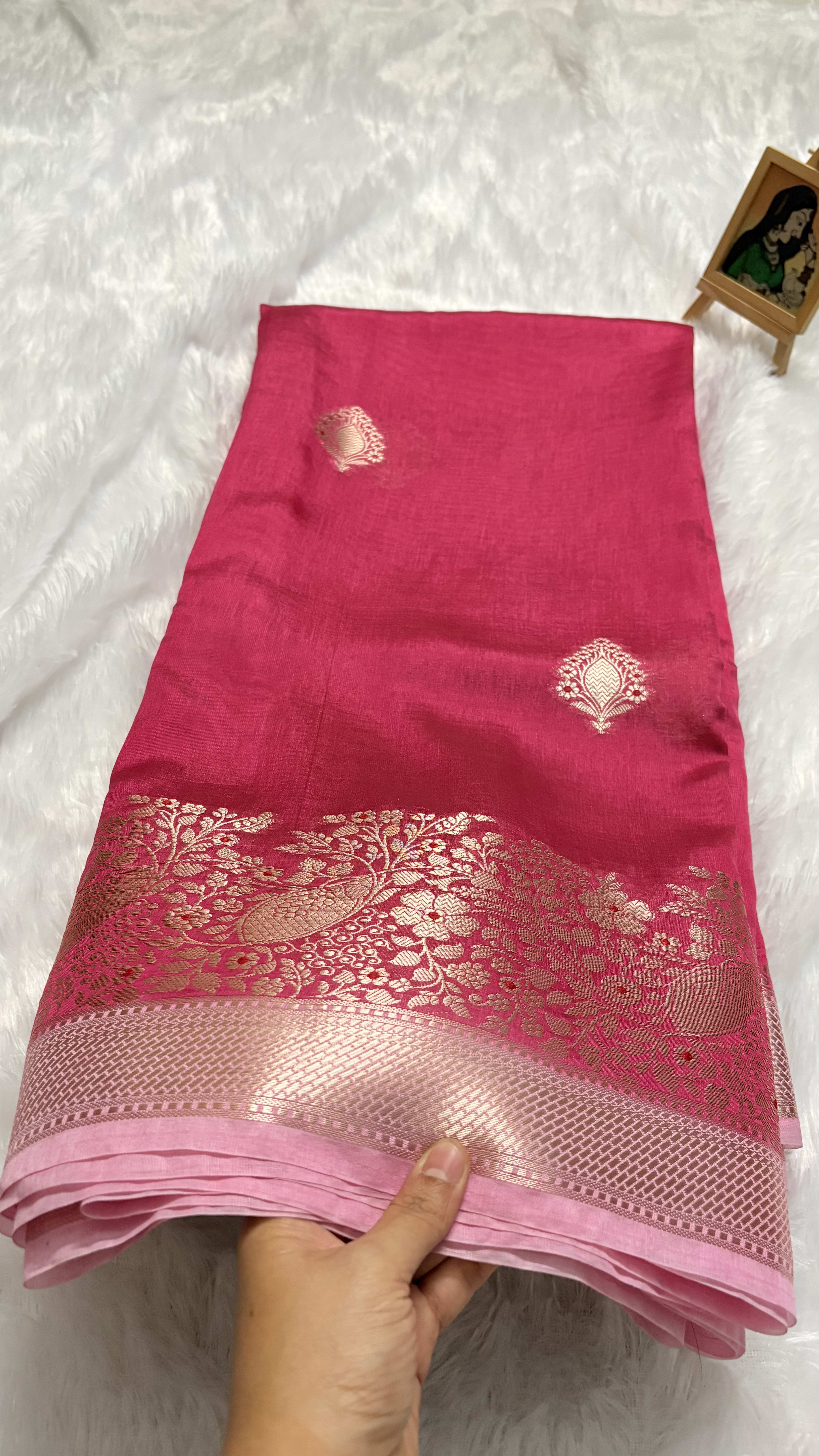 Pure Chiniya Silk Saree with Meenakari Weaving - Pink — Pink/Peach Banarasi Silk saree