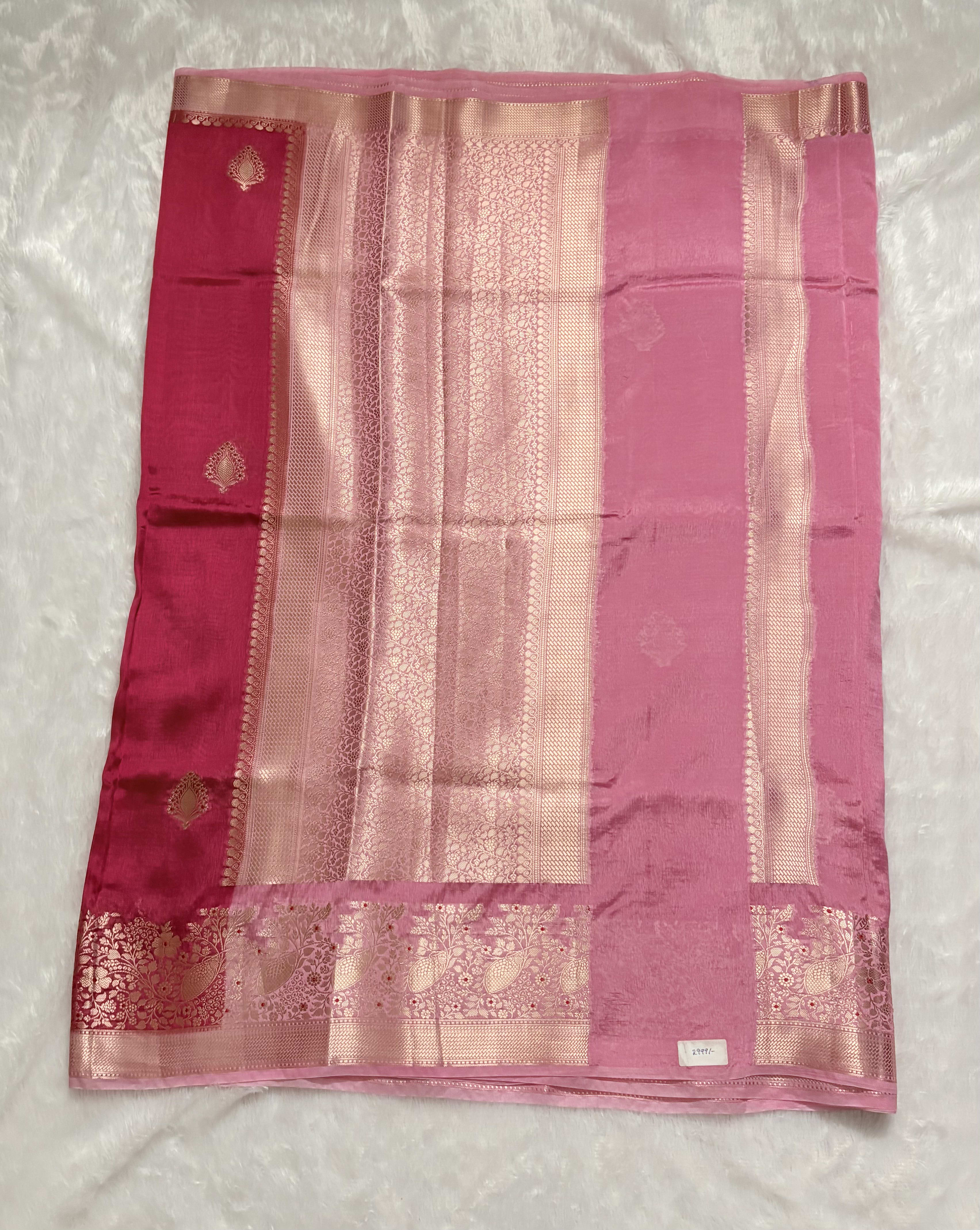 Pure Chiniya Silk Saree with Meenakari Weaving - Pink — Pink/Peach Banarasi Silk saree