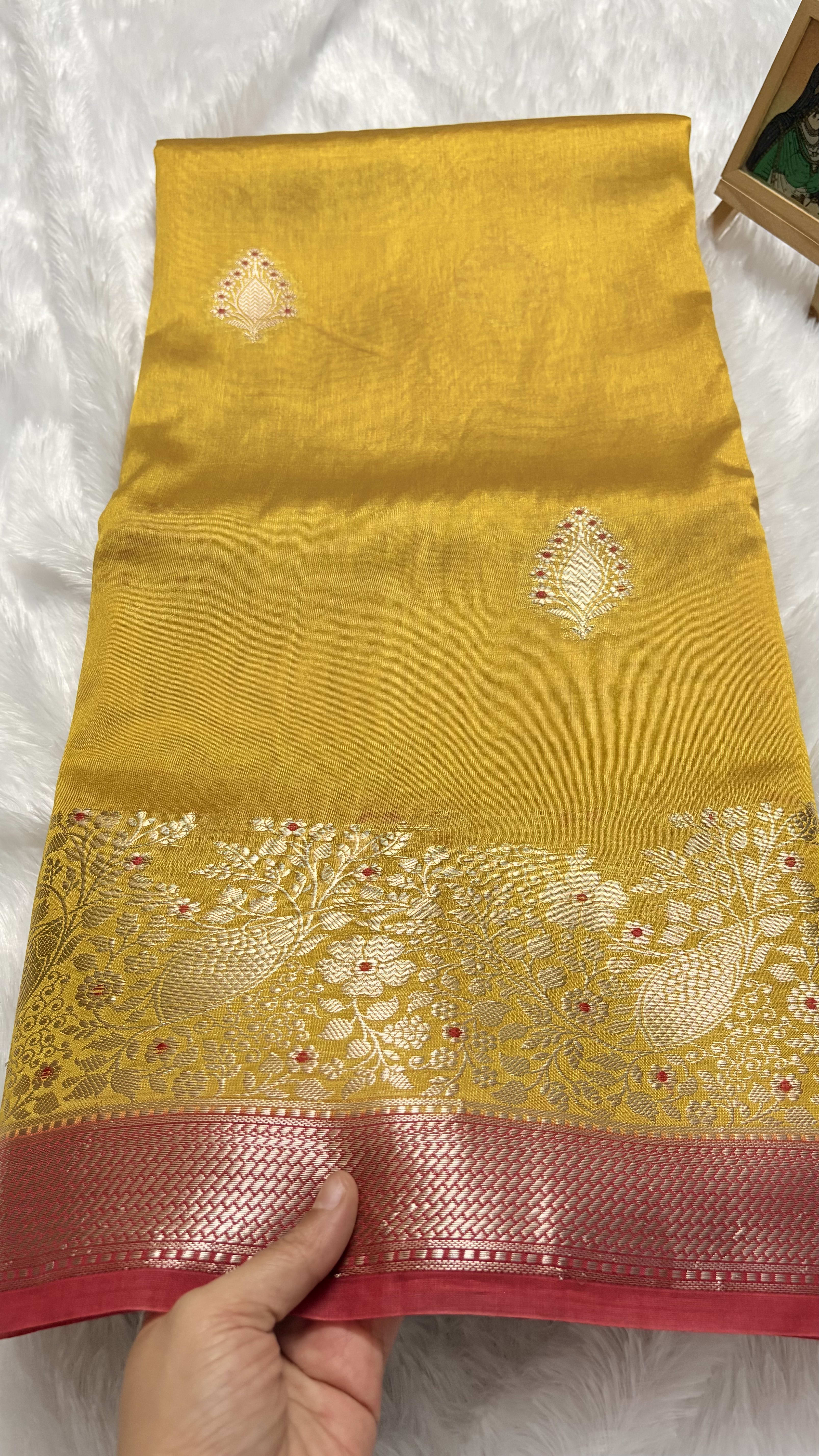 Pure Chiniya Silk Saree with Meenakari Weaving - Mustard Yellow — Yellow Banarasi Silk saree