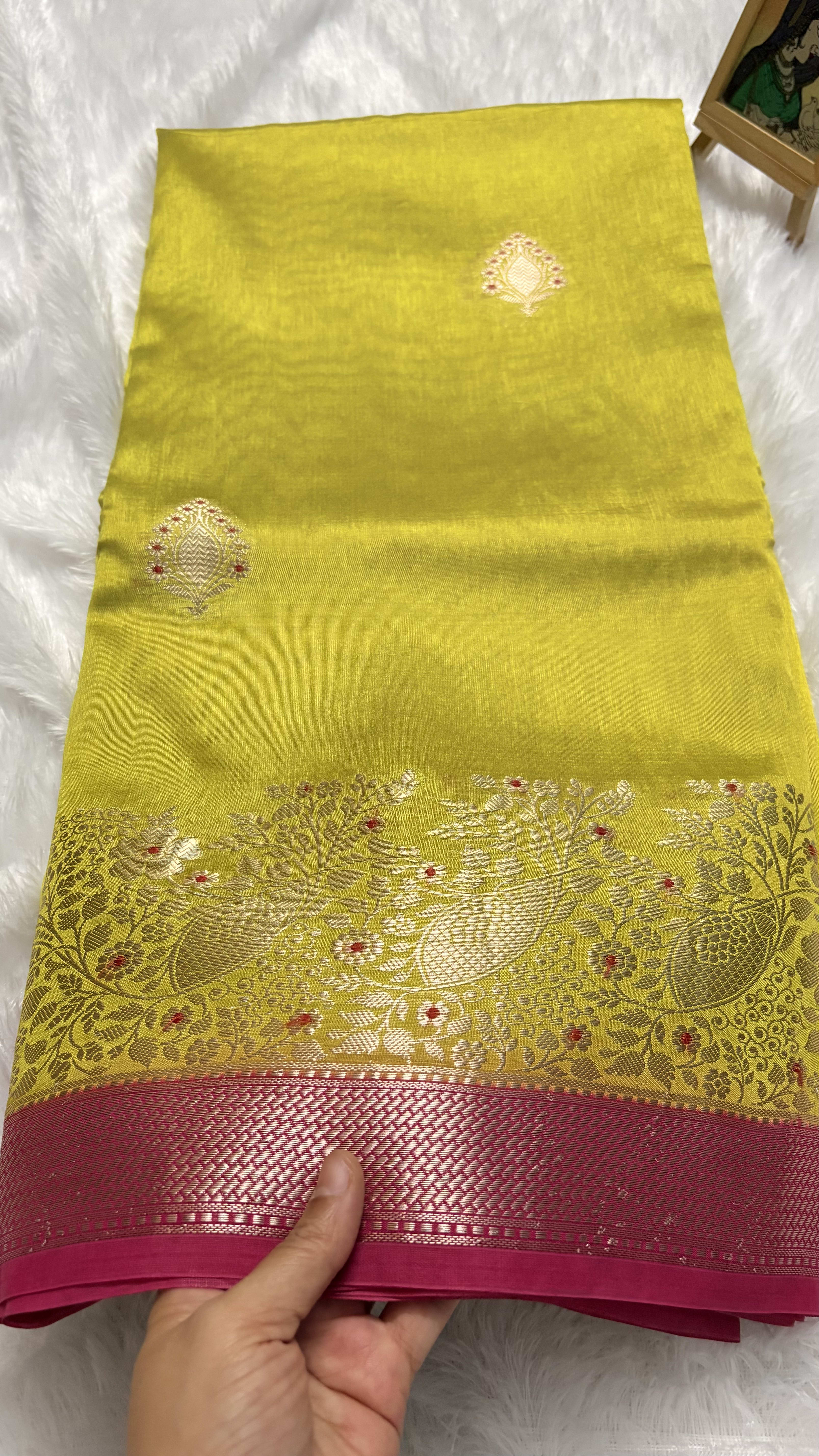 Pure Chiniya Silk Saree with Meenakari Weaving - Olive Green — Green Banarasi Silk saree