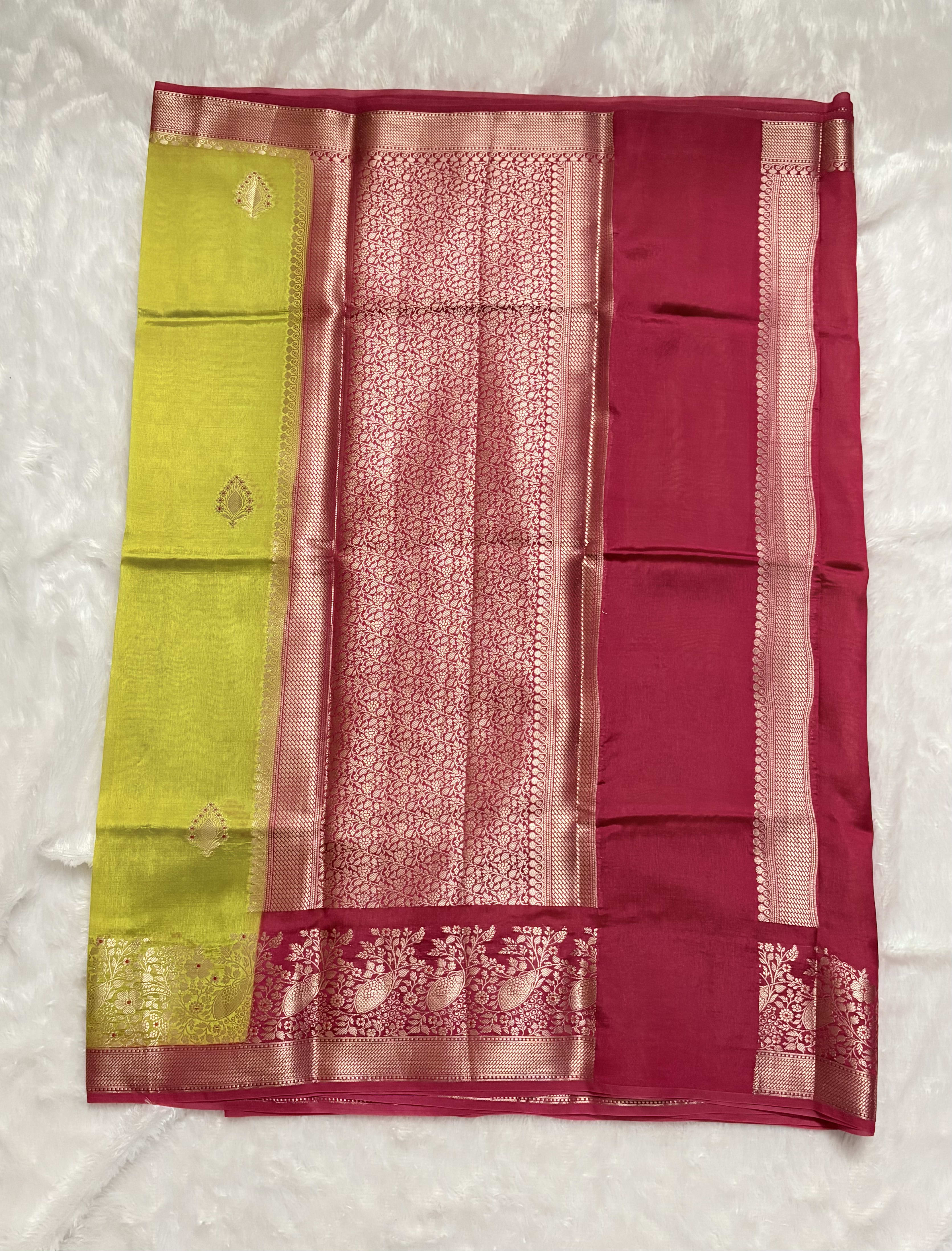 Pure Chiniya Silk Saree with Meenakari Weaving - Olive Green — Green Banarasi Silk saree