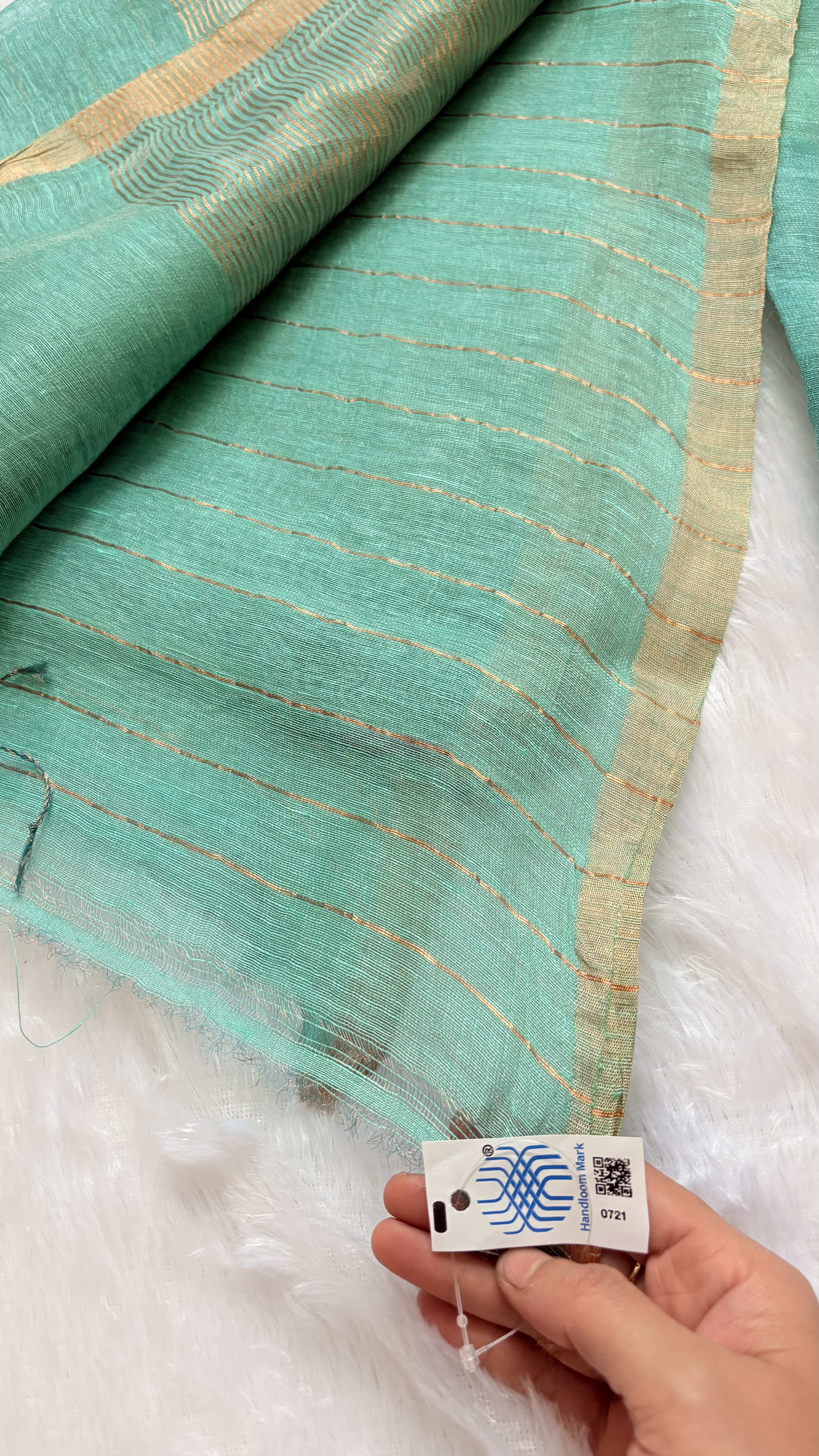 Pure Silk Linen saree with Jamdani Pallu - Rama Green — Green Chanderi Linen saree