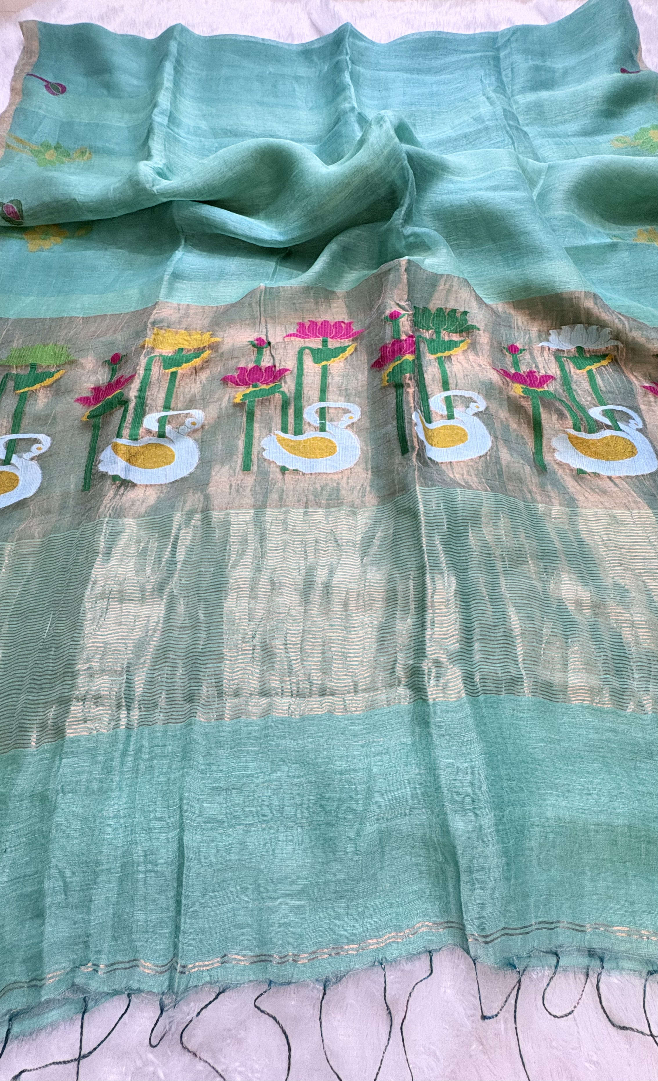 Pure Silk Linen saree with Jamdani Pallu - Rama Green — Green Chanderi Linen saree